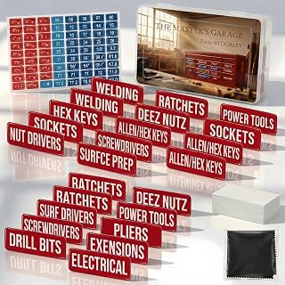 [35-Pack] Magnetic Toolbox Labels - 3mm Thick DuraGloss™ Epoxy Tags for Tool Chest Drawer Organization, Professional Oil-Resistant Red Mechanic Labels for Steel Carts & Cabinets