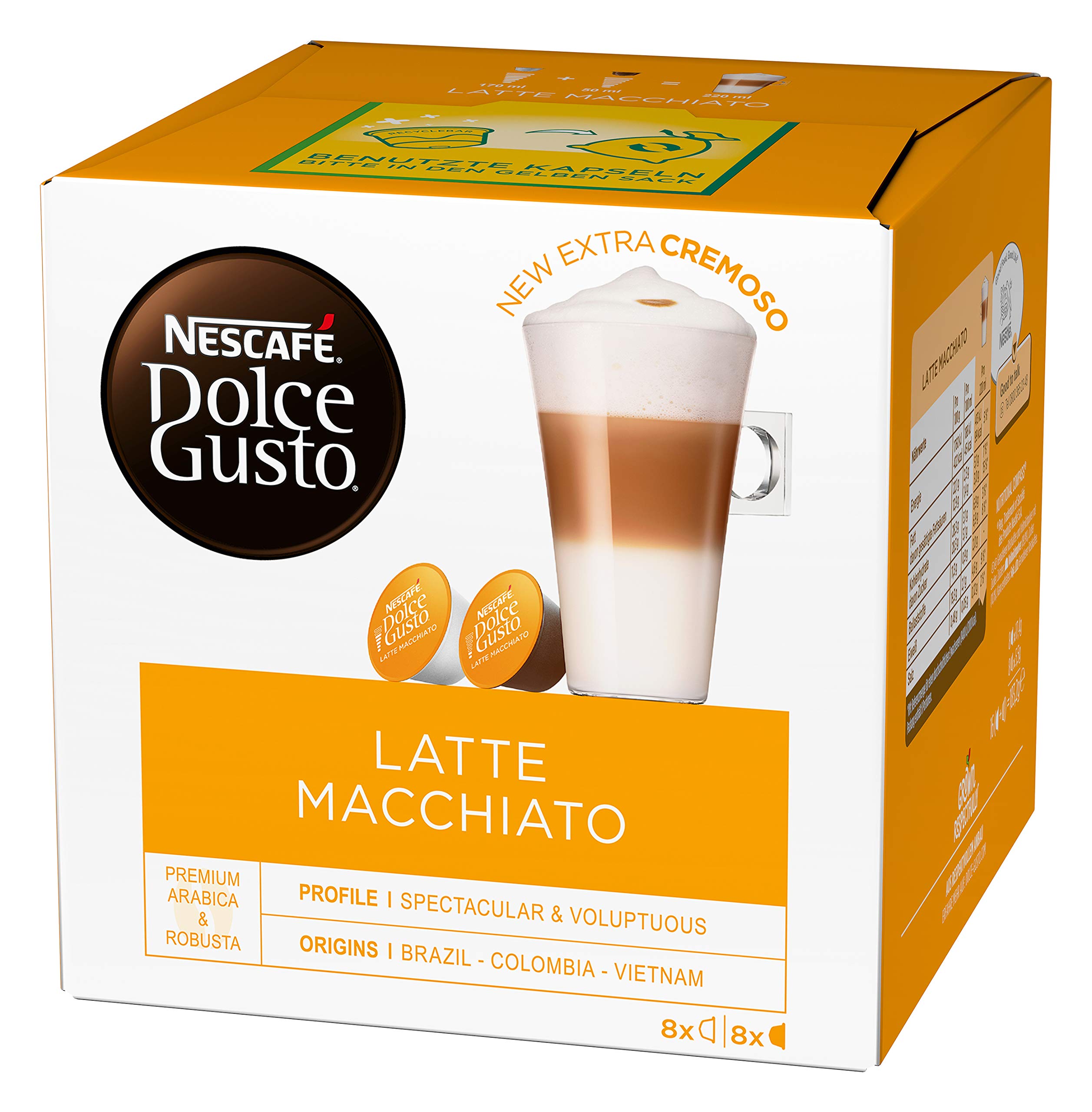 NESCAFÉ Dolce Gusto Latte Macchiato Vorratsbox 90 Kaffeekapseln (Aromatischer Espresso, 3-Schichten -Köstlichkeit aus feinem Milchschaum & Latte Macchiato, 48 Kaffeekapseln
