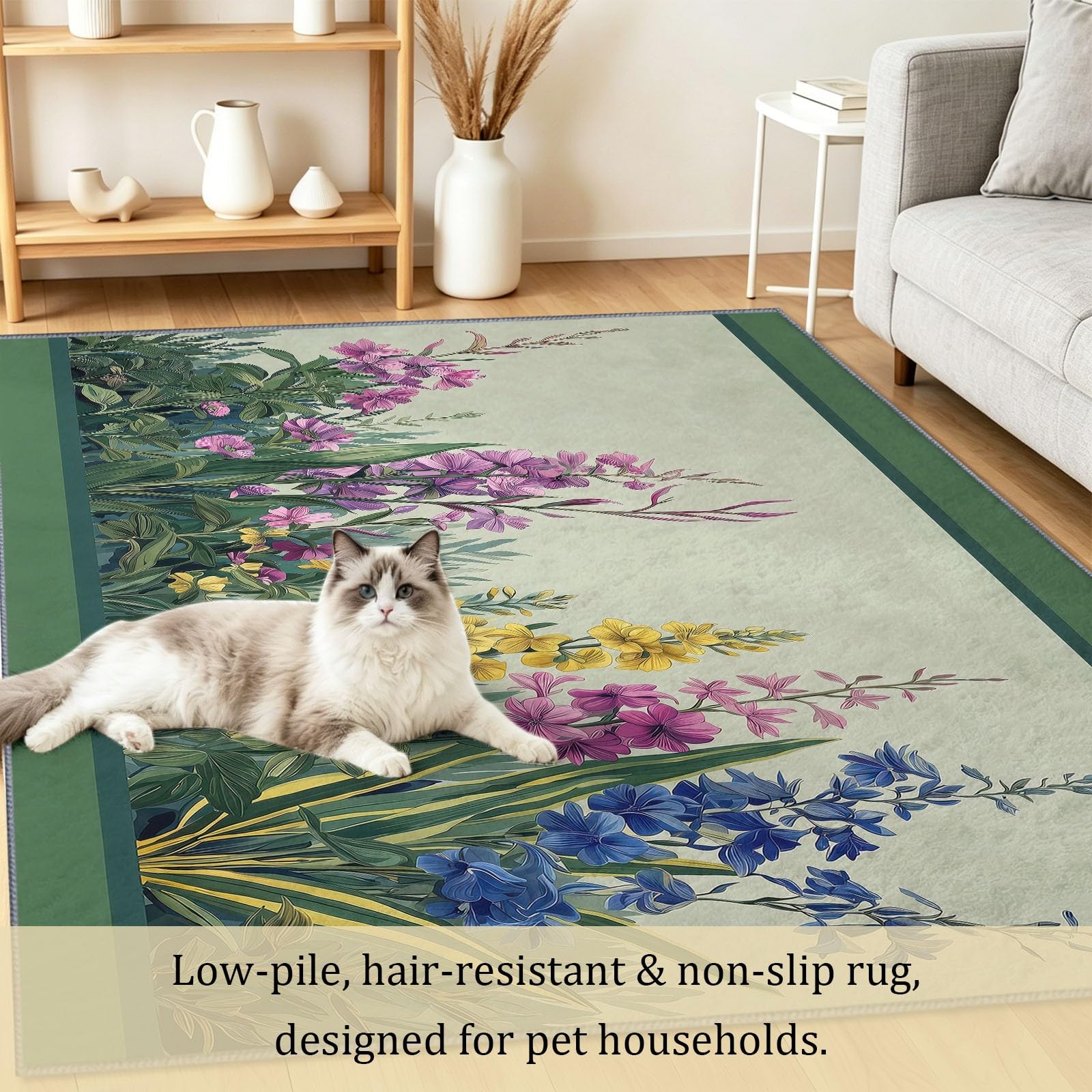 Tappeto con fiori e foglie, 80 x 150 cm, per camera da letto, con piante ad acquerello, morbido, antiscivolo, lavabile, per soggiorno, sala da pranzo, ingresso, interni