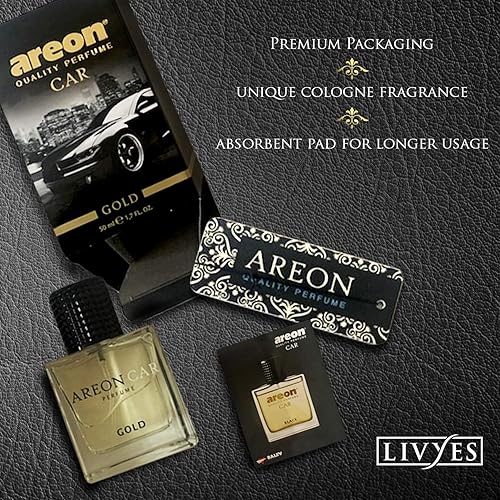 Miniatura 8 de AREON Perfume de automóvil dorado – Ambientador en botella de vidrio – Spray eliminador de olores de lujo con almohadilla absorbente para colgar,