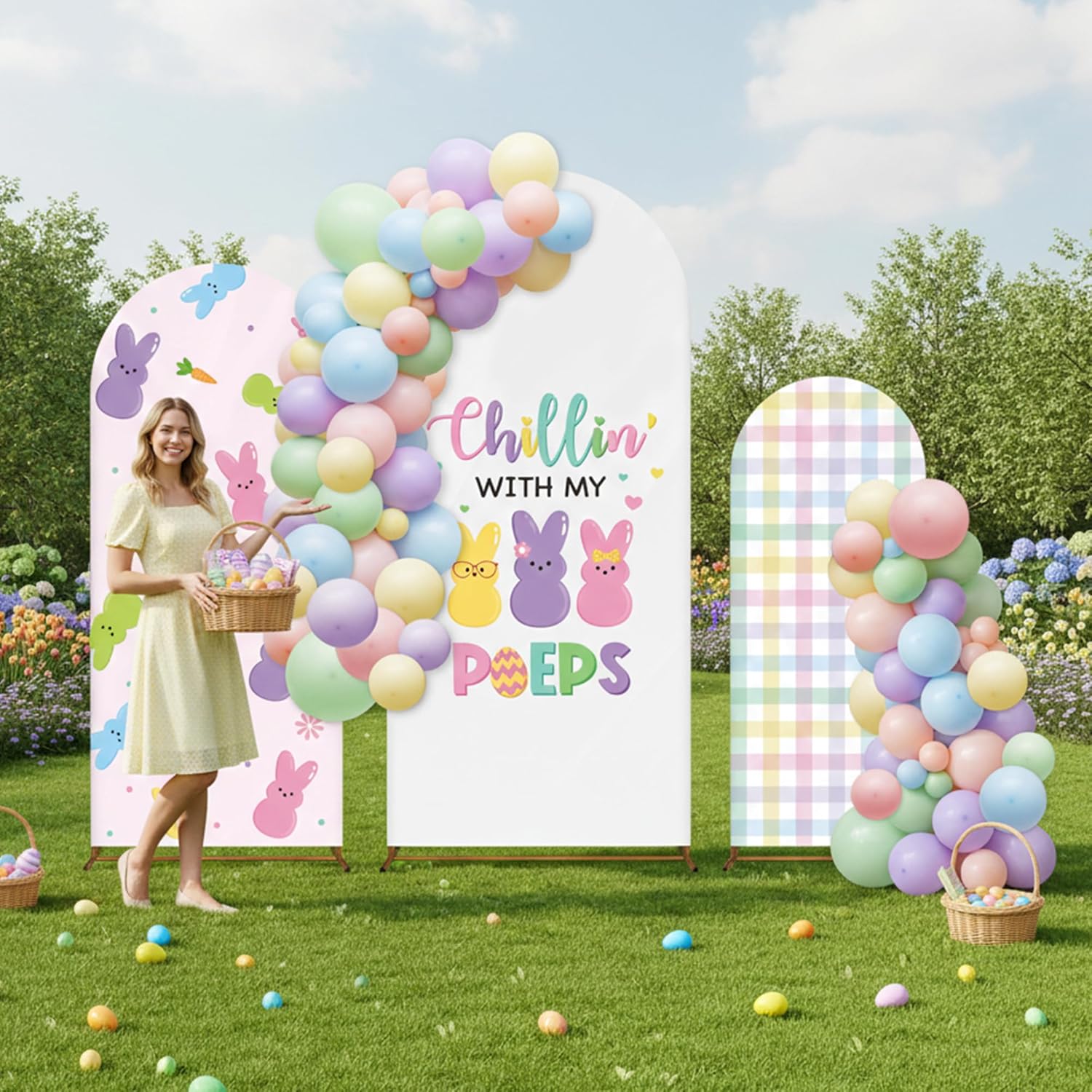 K1tpde 101PCS Easter Bunny Arch Backdrop Cover with Colorful Balloon Garland Decoration Kit, Easter Party Stretch Backgrounds, 4ft, 5ft, 6ft for Baby Shower Holiday Ceremony Decoration Photoshoot