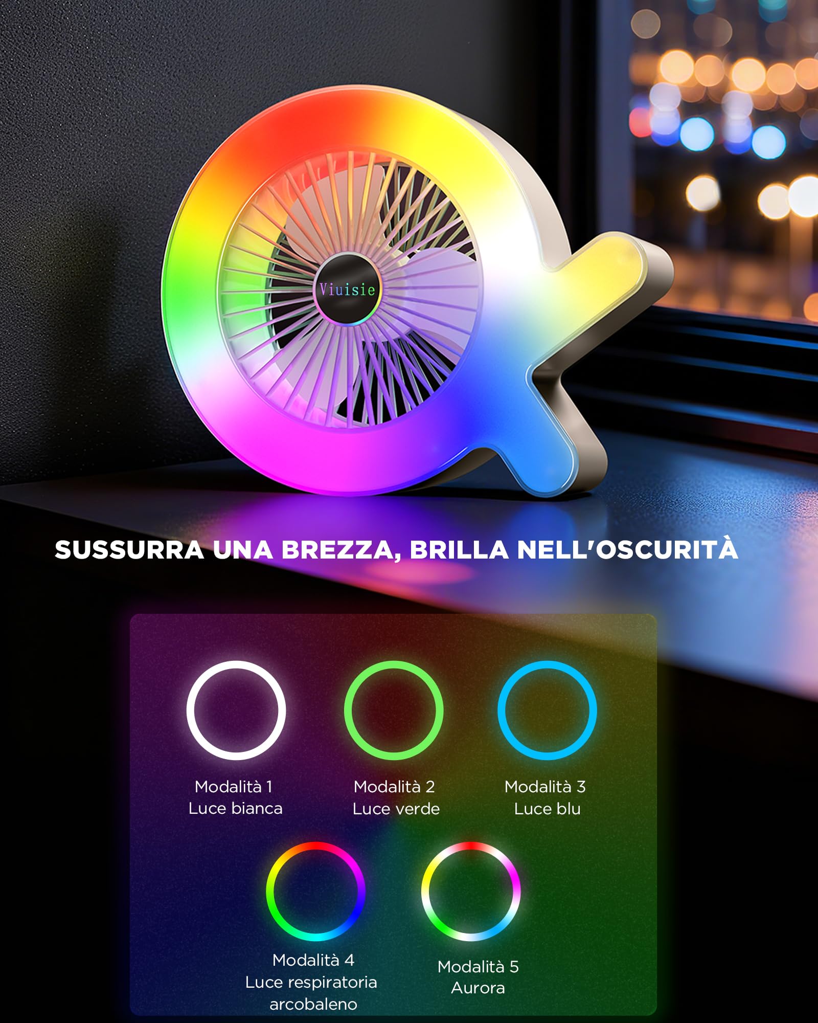 Ventilatore Da Tavolo 2-in-1 Con Luce Rgb E Batteria Ricaricabile Da 2000mAh, USB-C, 3 Velocità Del Vento E 5 Modalità Di Illuminazione, Portatile Per Casa, Ufficio, Campeggio E Camper (Crema Bianca)
