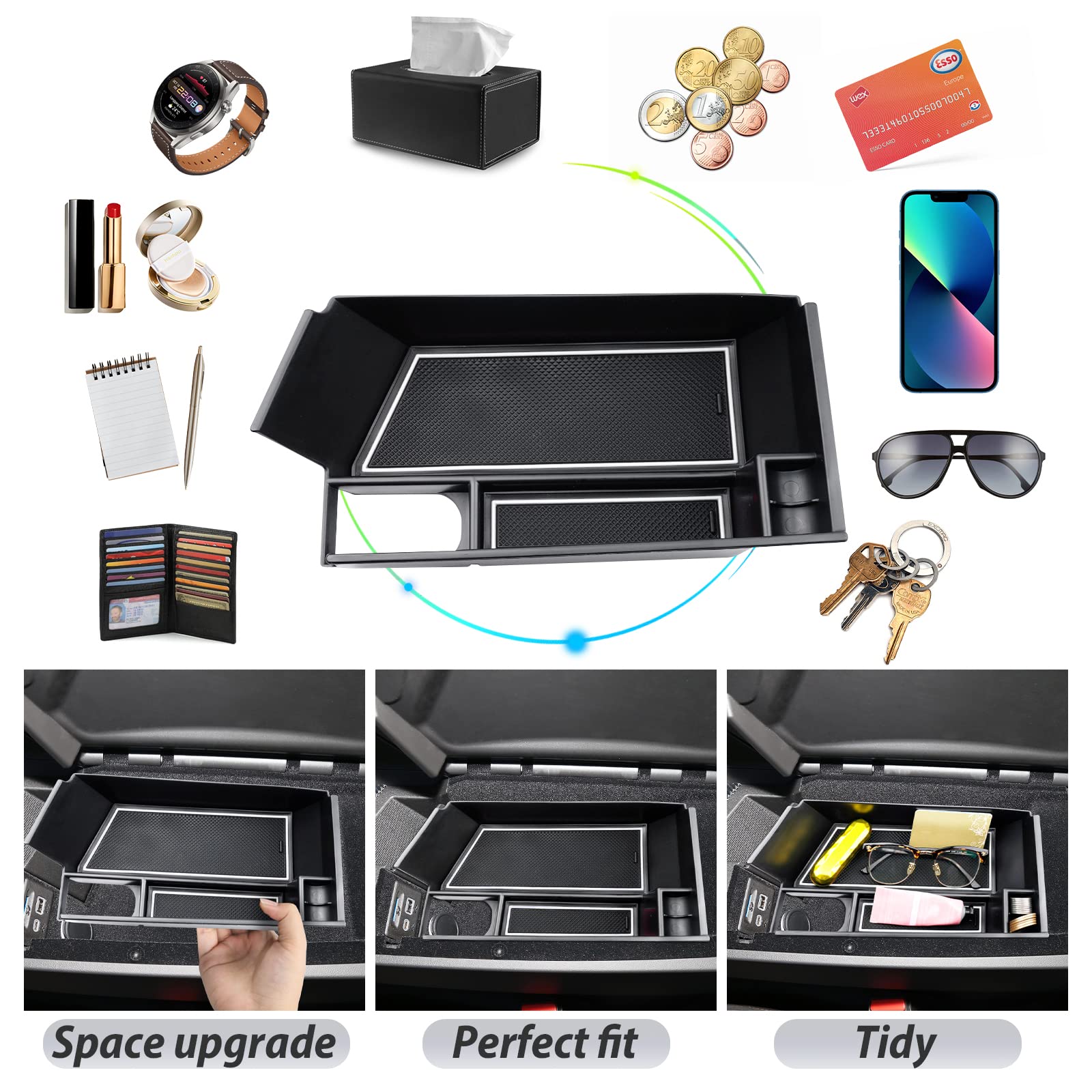 SKTU for 2023 2024 2025 2026 Cadillac CT5 Center Console Organizer 2020-2024 2025 2026 CT5 Accessories Console Organizer 2024 2025 2026 CT5 Armrest Box Secondary Storage Box with Coin Holder