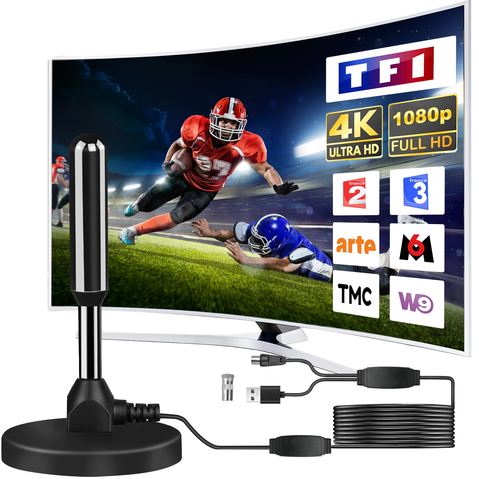 Antenne TV IntéRieur Puissante, Nouveau pour 2026 Antenne TNT IntéRieur Puissante, CâBle Coaxial De 5m, RéCeption Longue Distance 500km, 360 DegréS sans Angle Mort