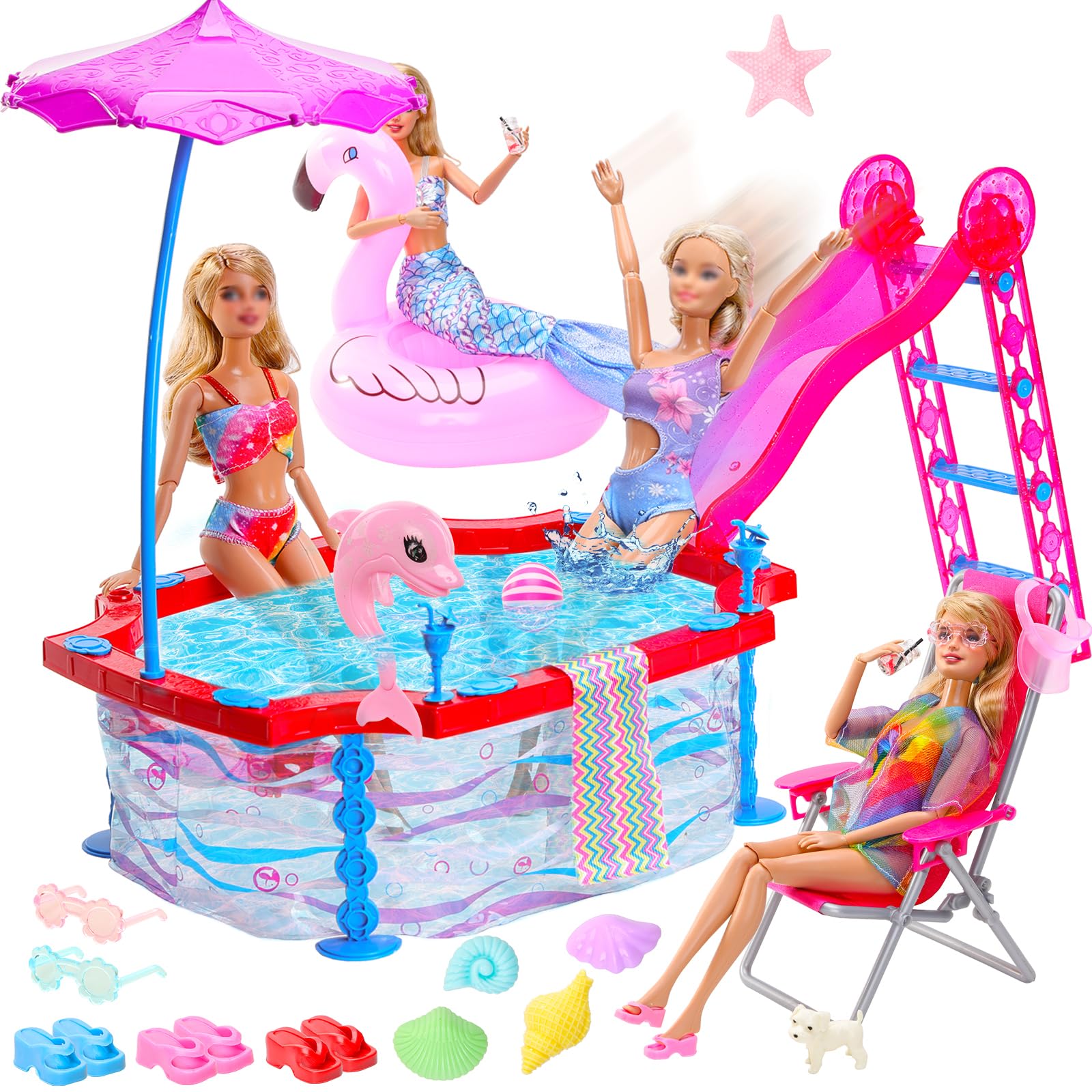 ENOCHT 46 Pcs Doll Pool Playset, Doll Pool with Slide Accessories Includes Mermaid Swimsuit, Beach Umbrella, Chair, Towel, Drink, Swimming Ring and Others Accessories fit for 11.5 inch Girl Dolls