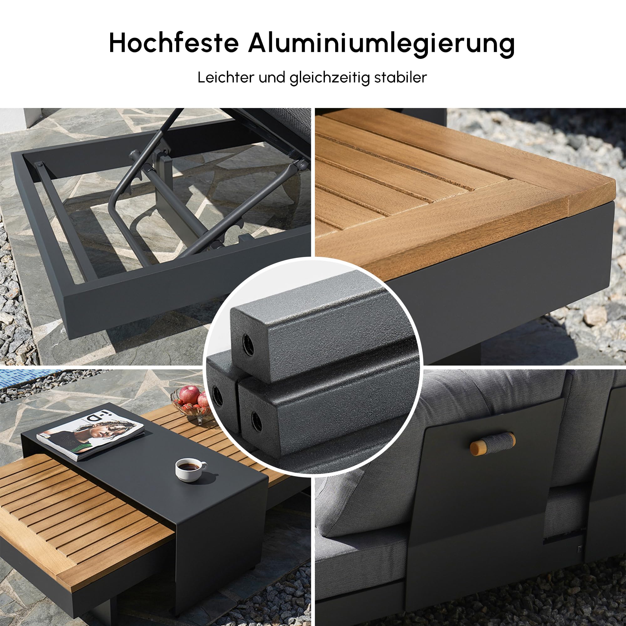 Homary 6-Sitzer Modulare Outdoor Lounge für Familie & Gäste, Garten Sofa Set für große Terrasse, Aluminium & Teak, 12 cm Komfort Polster, pflegeleicht
