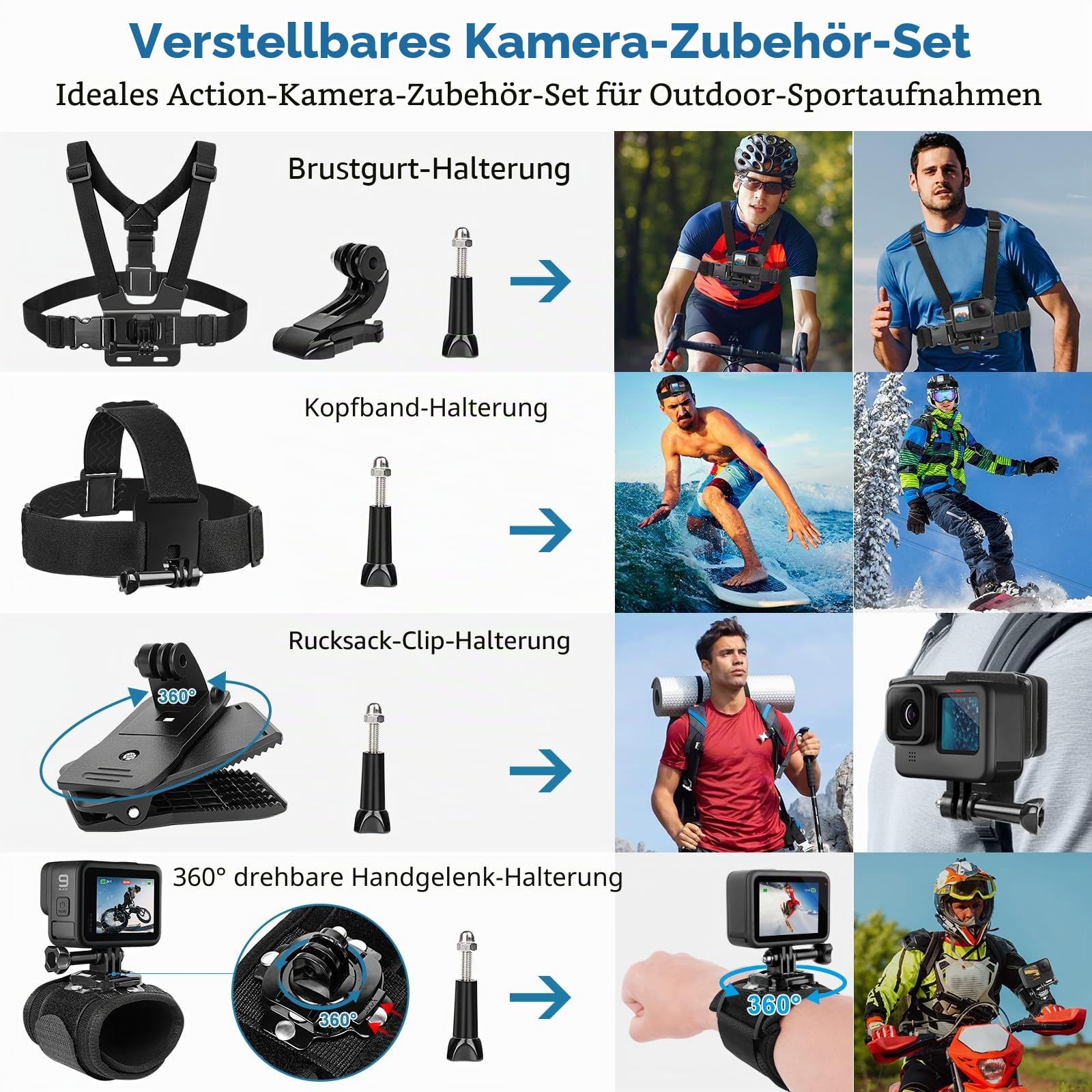 ChromLives Actionkamera-Zubehör Set, 57-in-1 Actionkamera-Halterungs Set, kompatibel mit Gopro Hero 13 12 11 10 9 8 7 6 5/Session 5/Hero 4/3+/3/2/1, DJI Osmo, Akaso, Insta360, Aufnahme