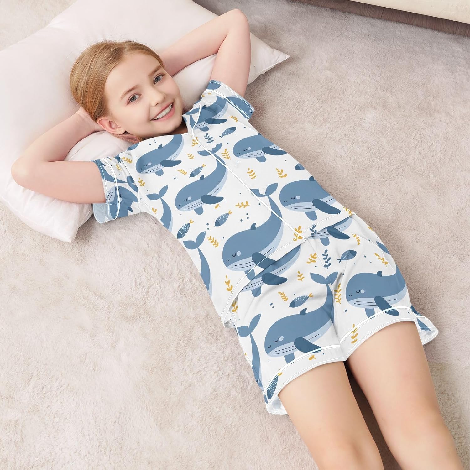 Kids Casual Satin Wear Set Pattern Of Happy Whale and Yellow Leaves Unisex Short Sleeve Clothing for Relaxing