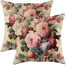 French Country Rose Throw Pillow Covers Pack of 2 Vintage Floral Plant Pink Velvet Decorative Square Washable Shabby Chic Throw Pillows Cottage core Sofa Outdoor Bed Dorm Living Room 18x18 Inch