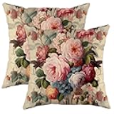 French Country Rose Throw Pillow Covers Pack of 2 Vintage Floral Plant Pink Velvet Decorative Square Washable Shabby Chic Throw Pillows Cottage core Sofa Outdoor Bed Dorm Living Room 20x20 Inch