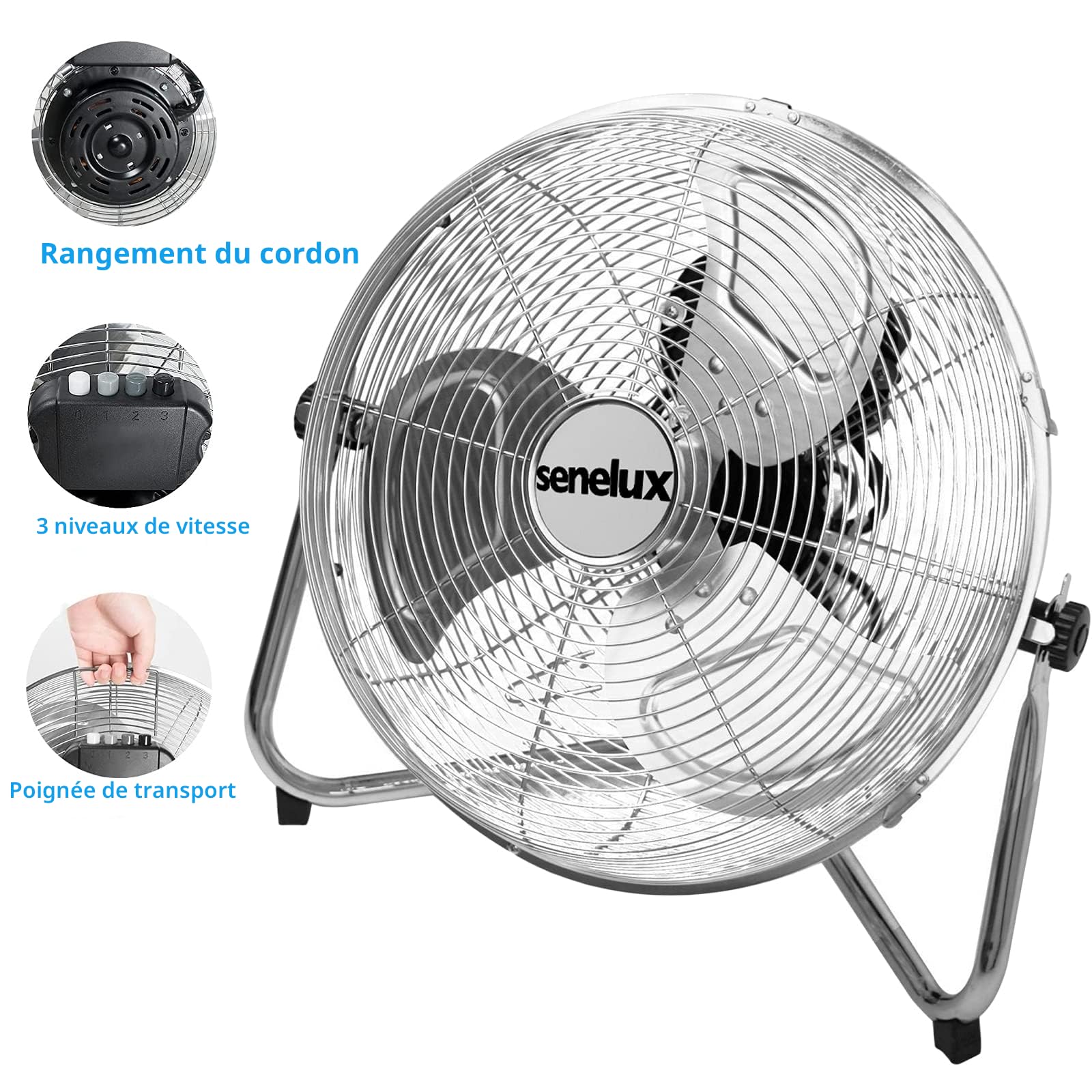 Senelux Ventilateur de sol - Ventilateur de gymnase chromé Ventilateur électrique portable de 30,5 cm à 3 vitesses avec fonction d'inclinaison