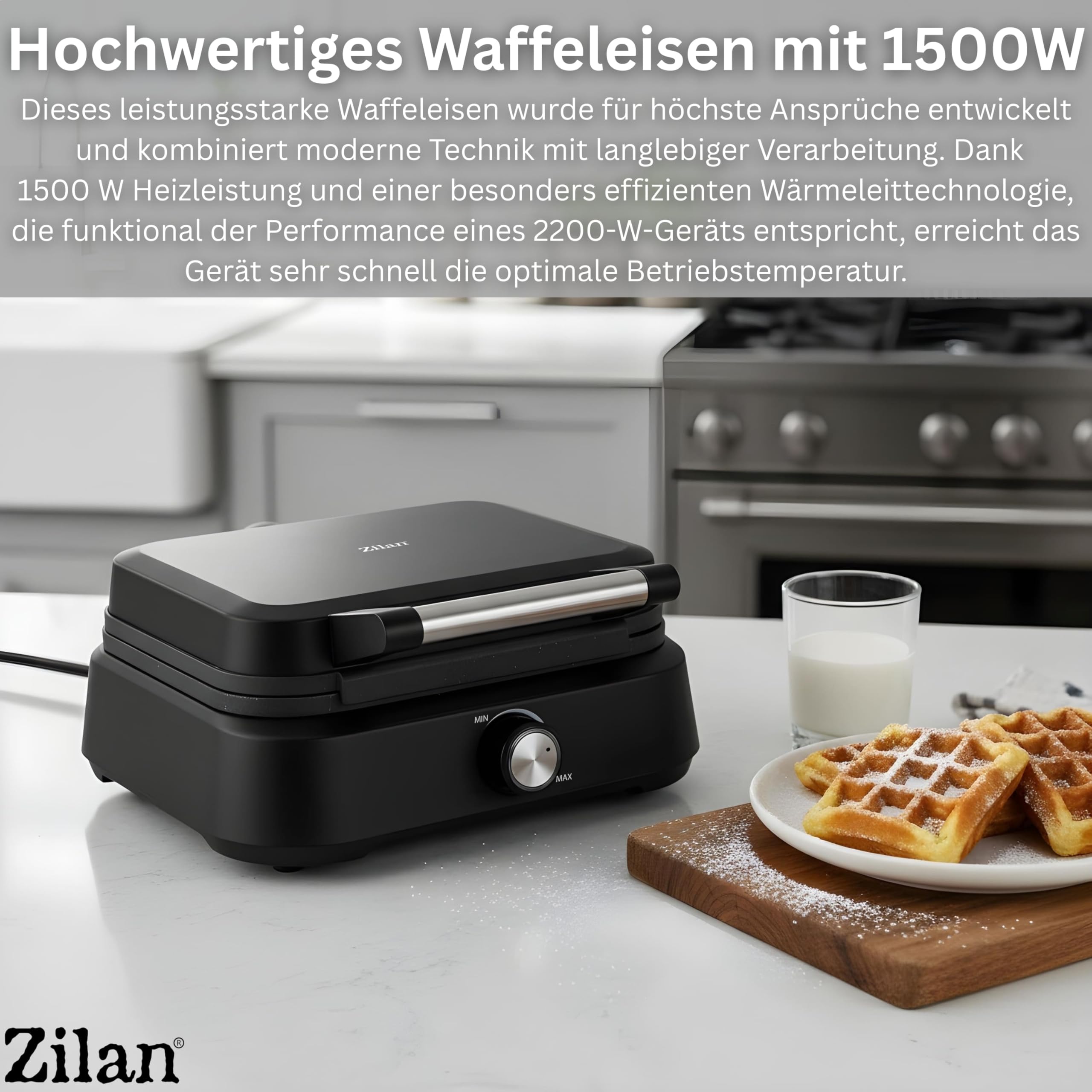 Gofrera belga doble – Placas XXL 1500 W 95 °C – 205 °C – Gofrera para hacer gofres, revestimiento antiadherente, color negro mate, tecnología Cool-Touch, canal de desbordamiento