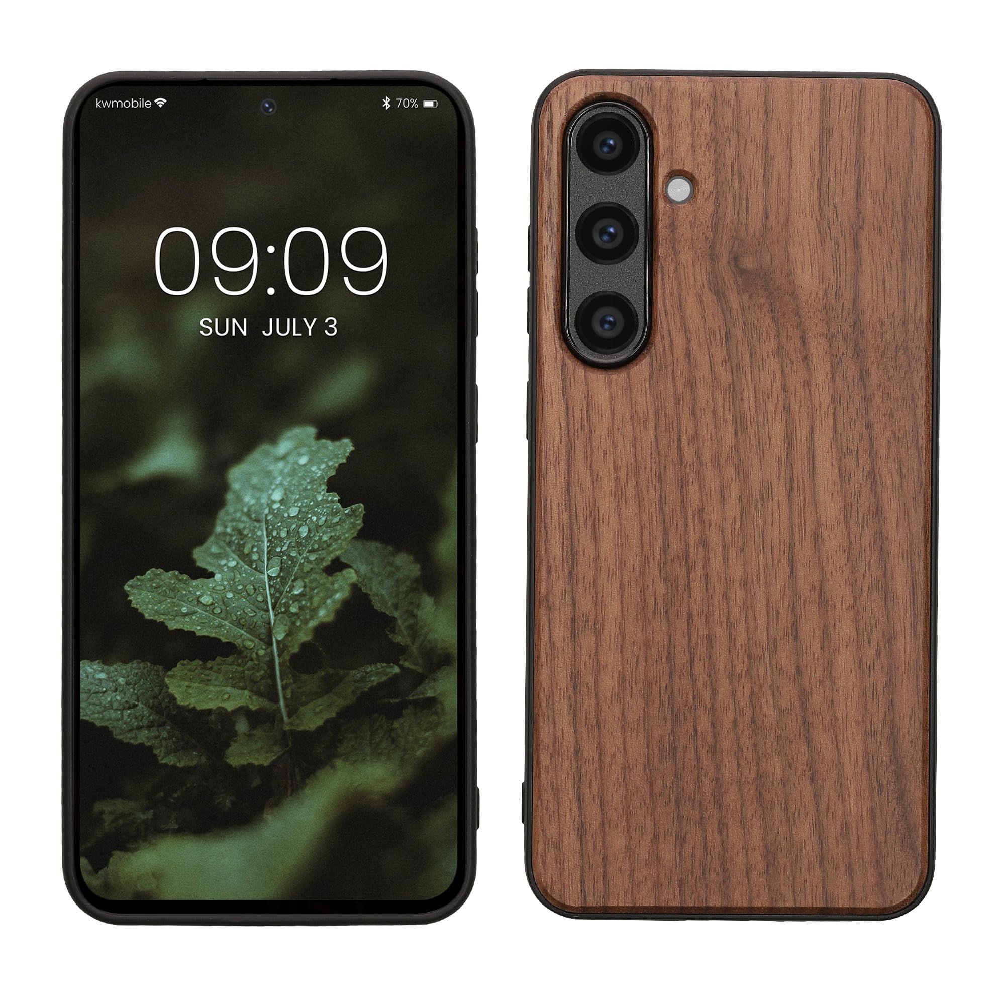 kwmobile Real Wood Case Compatible with Samsung Galaxy S24 FE Case - Hard Wooden Cover w/TPU Bumper - Dark Brown