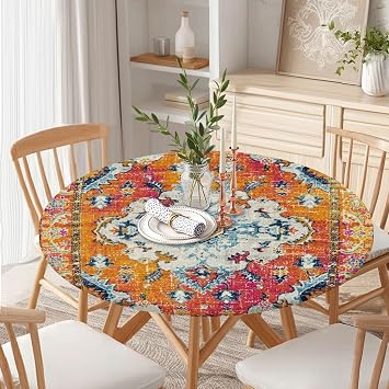 Round Fitted Tablecloth with Elastic Edge Orange Teal Boho Vintage Picnic Table Cover Bohemian Carpet Print Rustic Ethnic Indian Wipeable Table Cloth Fit 44