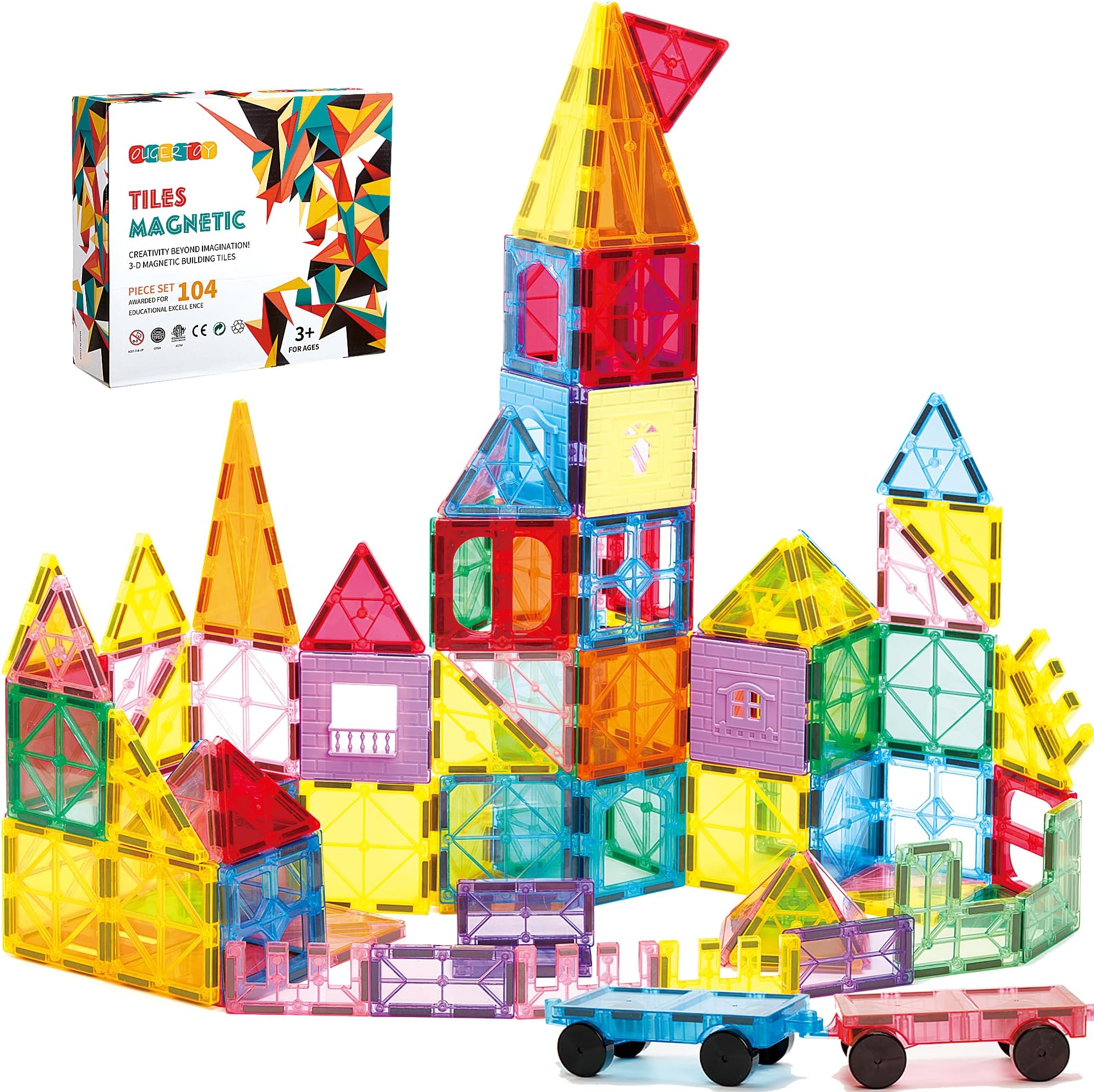 104PCS Magnetic Building Tiles, STEM Educational Stacking Blocks, Construction Toys for Kids Ages 3-9, Creative Toddler Boy Girl Christmas Birthday Gift