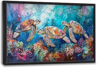 Quorin Sea Turtle Large Wall Art Coastal Ocean Coral Pictures Colorful Undersea Wall Decor Coral Reef Canvas Print Painting Artwork for Bathroom Living Room Bedroom 36L x24W