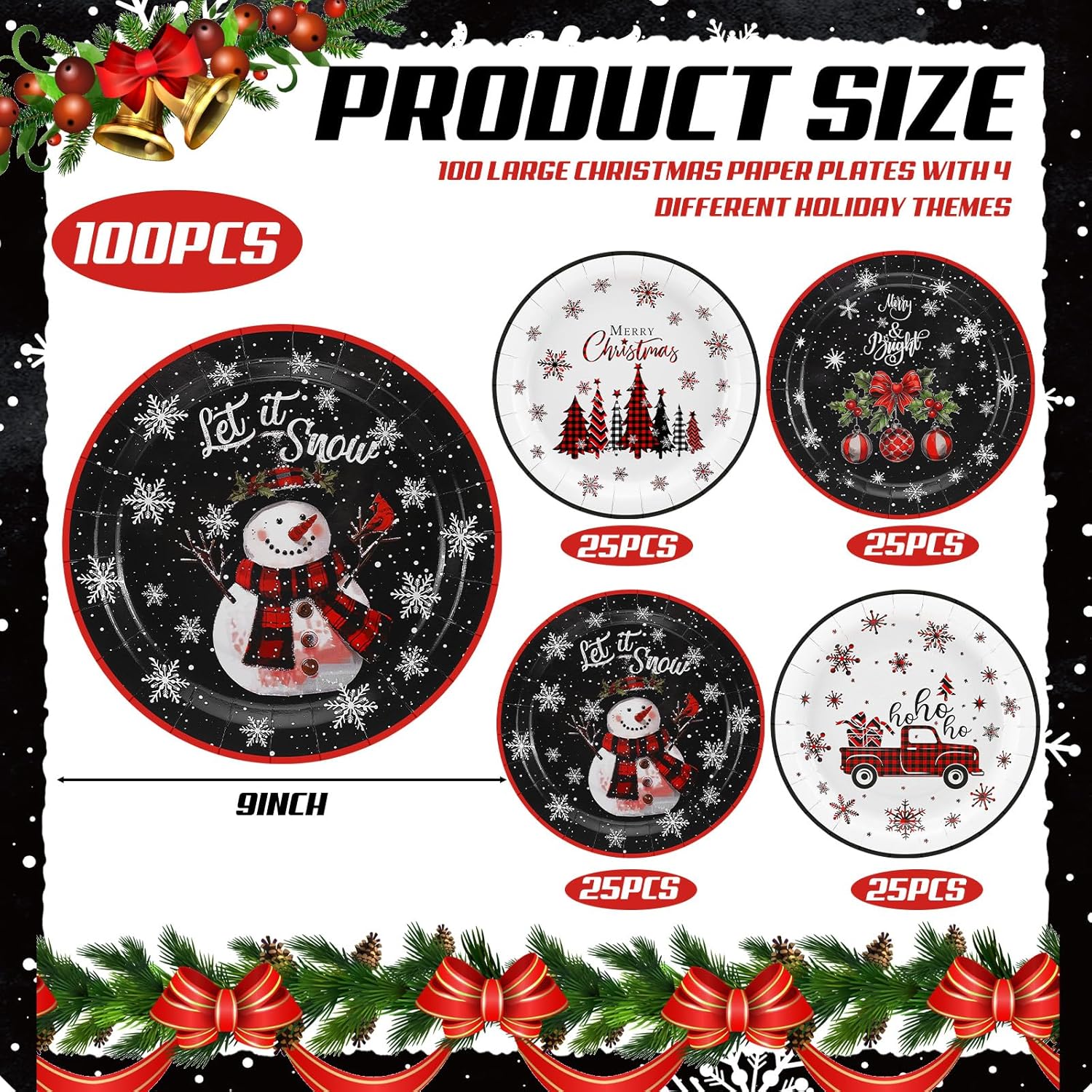 100 Pcs Christmas Paper Plates Disposable 9 Inch Black and White Snowman Snowflake Dinner Round Plates for Xmas Holiday Birthday Party Table Decor