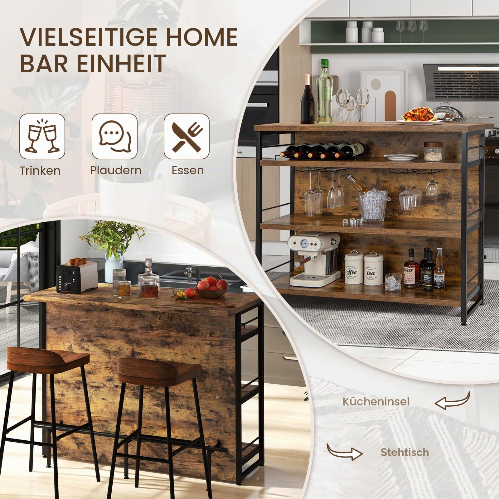 GIANTEX Hausbar Theke Bar, Barschrank mit 4 offenen Ablagen, Bartisch Küchen Tresentisch mit Weinregal & Gläserhalter, Küchenregal Küchentheke 120 x 60 x 101 cm, Küchenbar Küchentresen