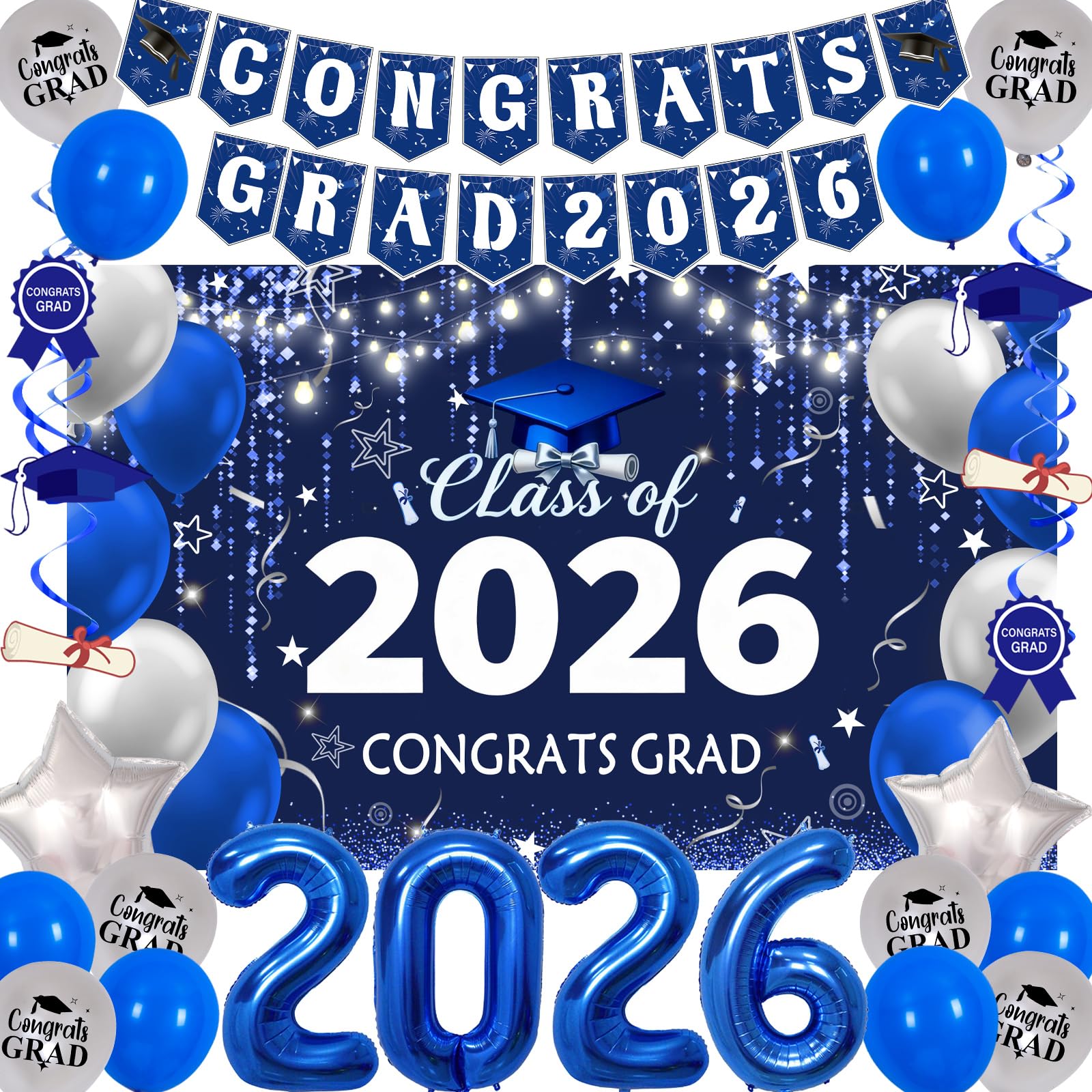 Navy Blue Graduation Decorations 2026, Silver and Blue Graduation Party Decorations Class of 2026 Backdrop, Congrats Grad Banner Streamers Balloons Foil 2026 Balloons College High School Master Phd