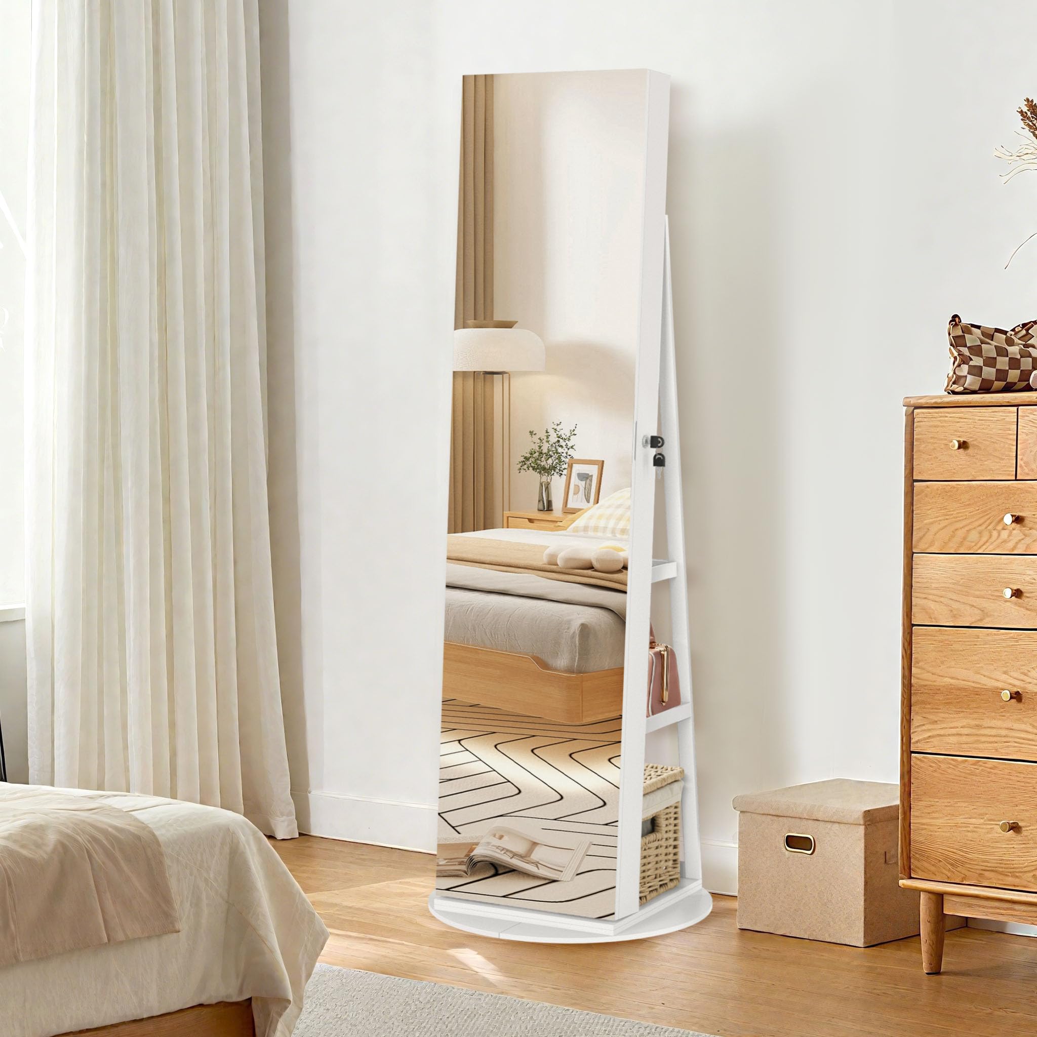LZQ Armoire à bijoux avec miroir et lumières LED - Pivotant à 360° - Verrouillable - Organiseur de bijoux 3 en 1 - Grand rangement de bijoux - 161 x 54,5 x 10 cm - Blanc