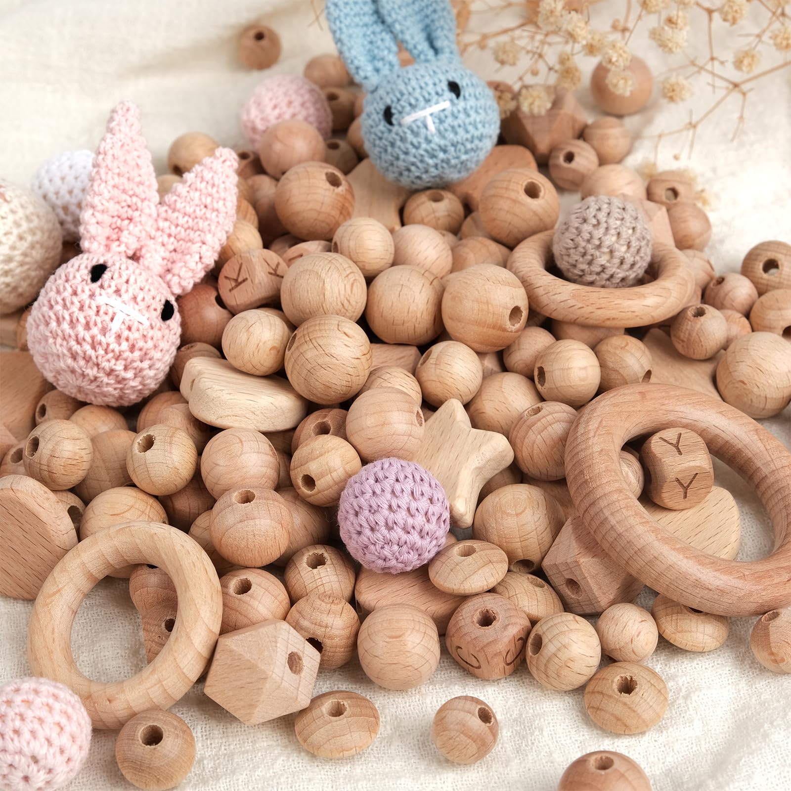 Holzperlen Holzringe Set 322 Stück Buchenholzperlen Rund Holzkugeln mit Loch für Makramee DIY Schmuck Zubehör