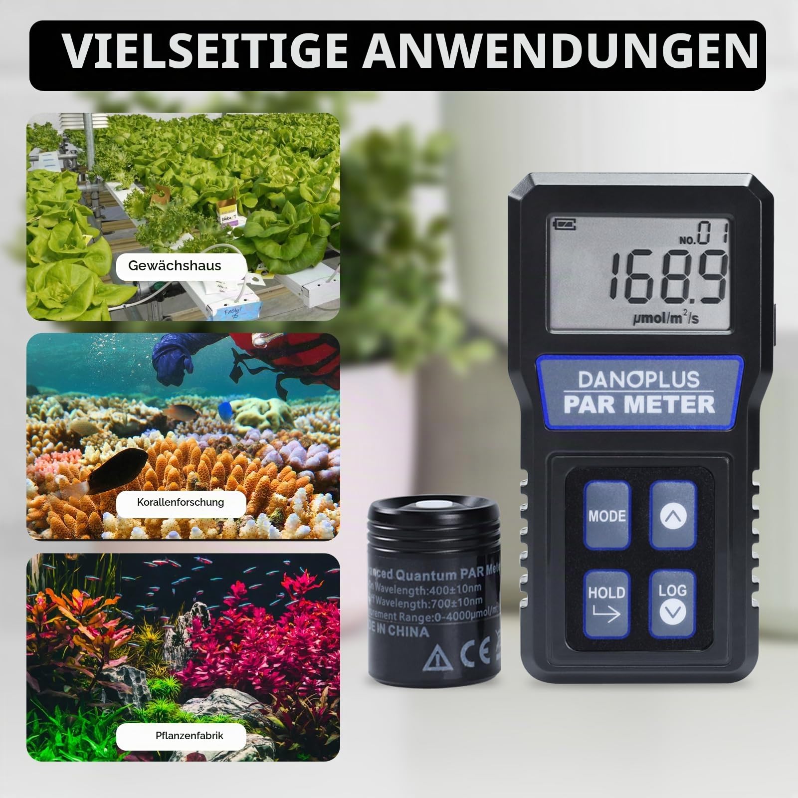 PAR-Meter, PAR-Meter für Riffaquarium, IP68 wasserdichtes Aquarien-PAR-Meter, 400-700 nm Spektralbereich, PPFD-Meter mit Datenlogger, 94 cm (37 Zoll) Teleskopstange, 2 m (79 Zoll) Sensorkabel