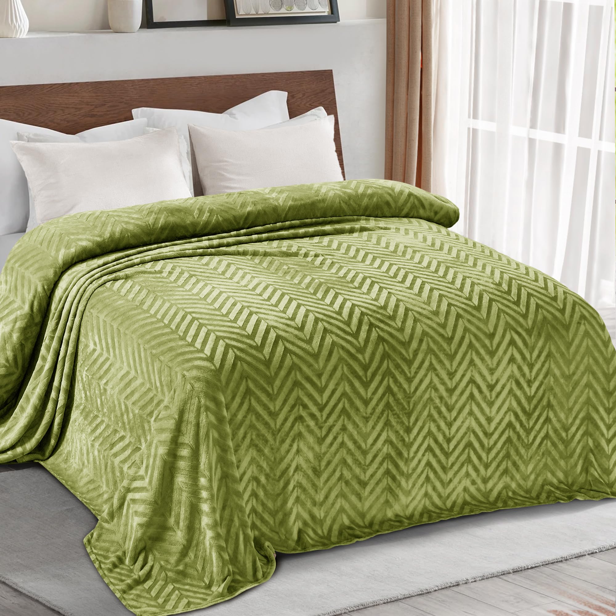 Whale Flotilla Manta para Sofá, Manta para Cama Suave, Franela Polar Cálida con Estampado de Chevron, Acogedora y Ligera para Todas Estaciones, 150 x 200 cm, Verde Oliva