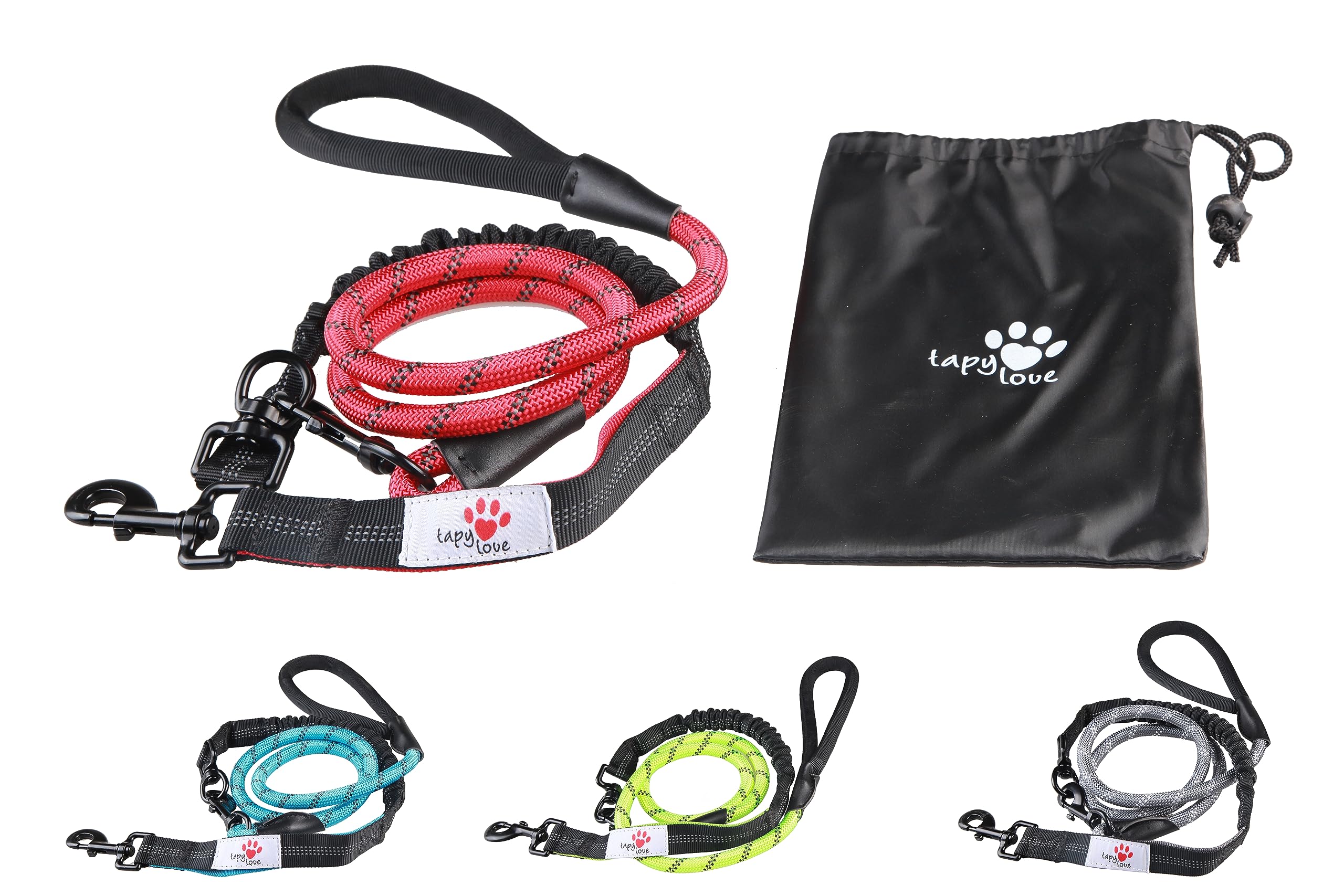 Hundeleine - Länge ca. 2m - Robust mit Karabiner- Ruckdämpfer - komfortabel gepolsterter Griff - reflektierende Leine - Bungee Hundeleine (Grün)