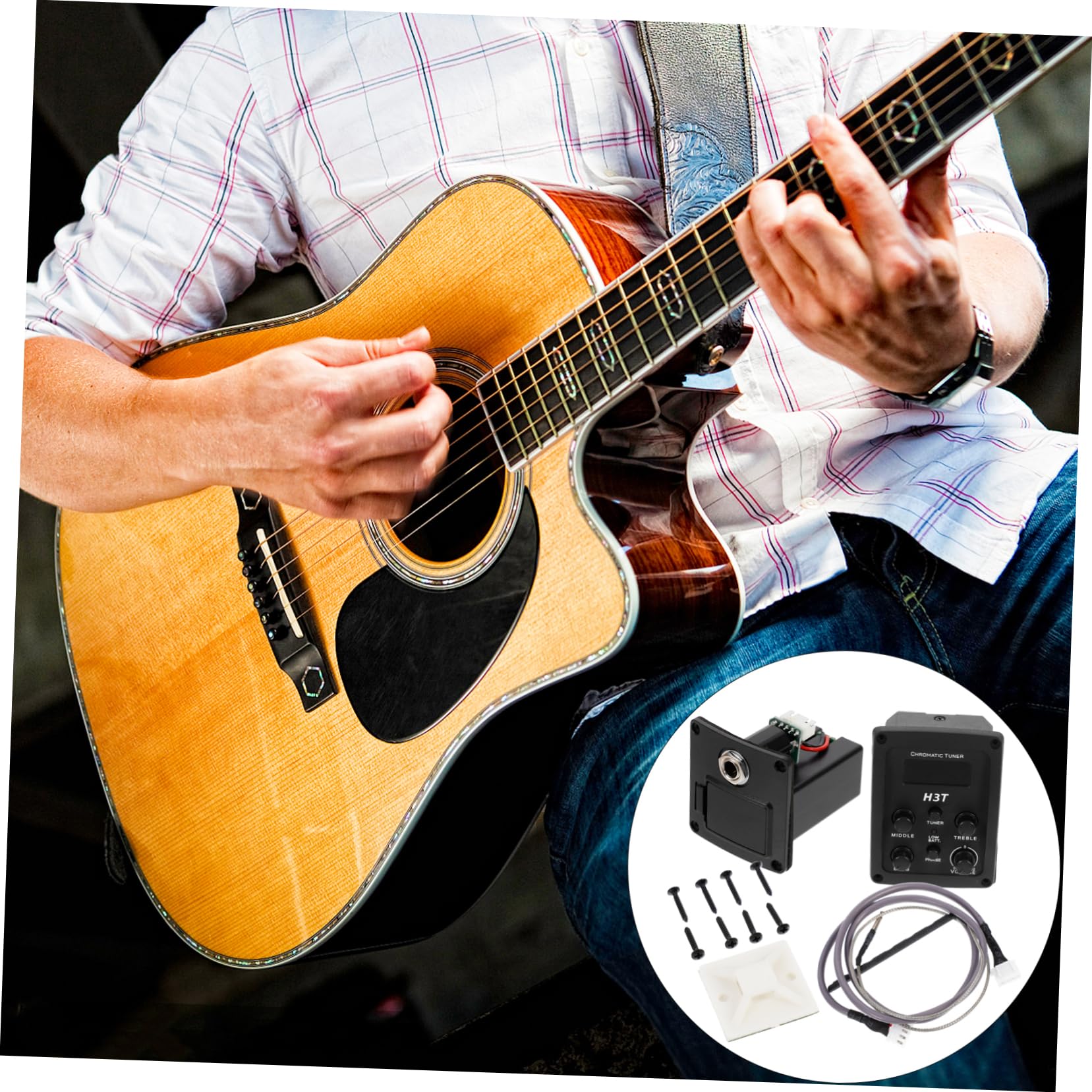 Toyvian 2 sztuki 4 wzmacniaczy gitarowych do mikrofonu basowego, przyssawki, kompensacja, przedwzmacniacz do gitary akustycznej, korektor, ekran wyświetlacza, zbieranie baterii
