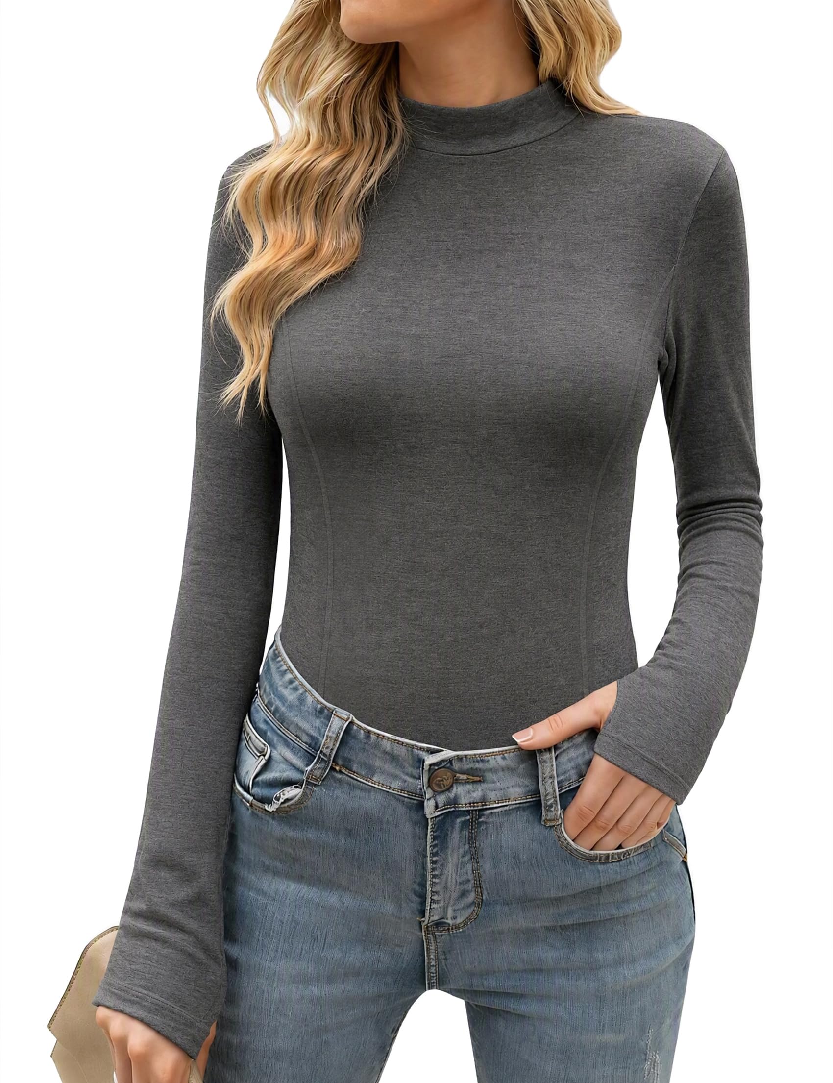 Terecey Rollkragenshirt Damen Langarmshirt Unterziehrolli mit Daumenloch | 95 % Baumwolle Und 5 % Elastan, Slim Fit Mit Rollkragen Und Daumenloch, Ideal Für Herbst Winter Büro Und Freizeit.