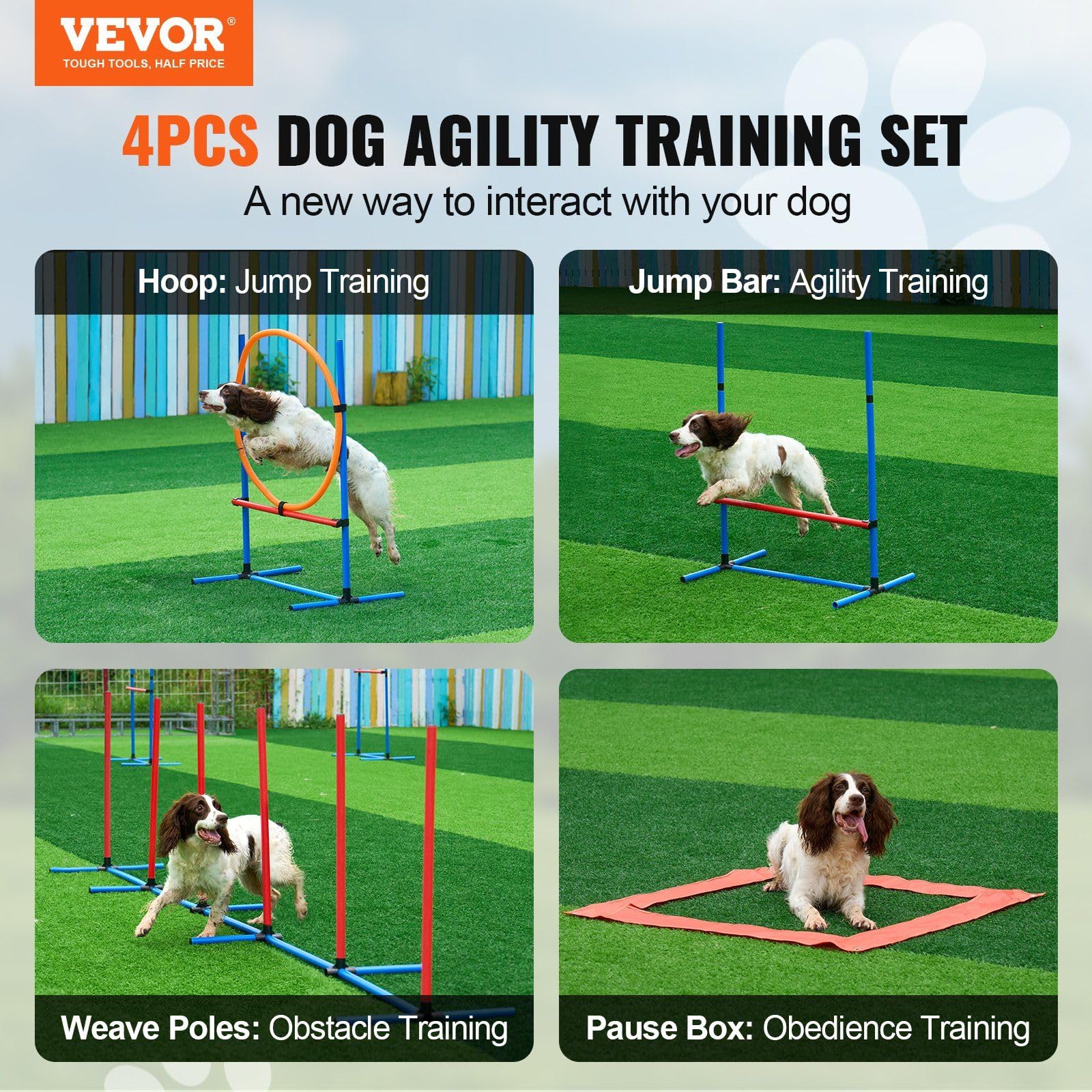 CooFel Dog Agility Training Equipment 4 PCS Set with Hurdles Jump Ring Pause Box
