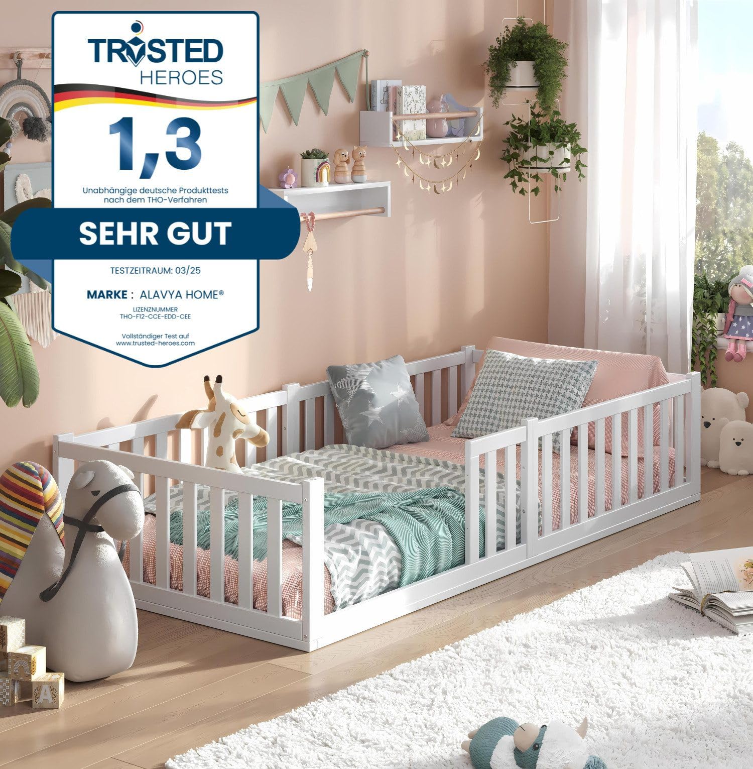 Kinderbett Bodenbett 90x200 Mit Rausfallschutz & Regal - Montessori Style