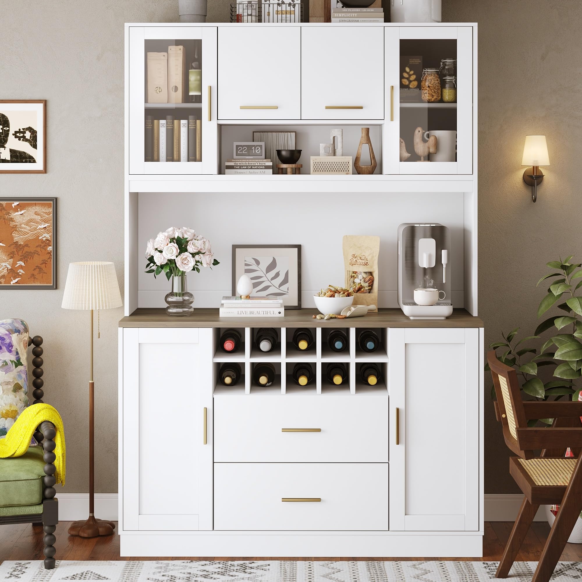 Seitenschrank, Aufbewahrungsschrank, Küchenschrank, 120x36,3x180 cm, mit LED-Beleuchtung und Steckdose, sechs Türen, Zwei große Schubladen, Weiß