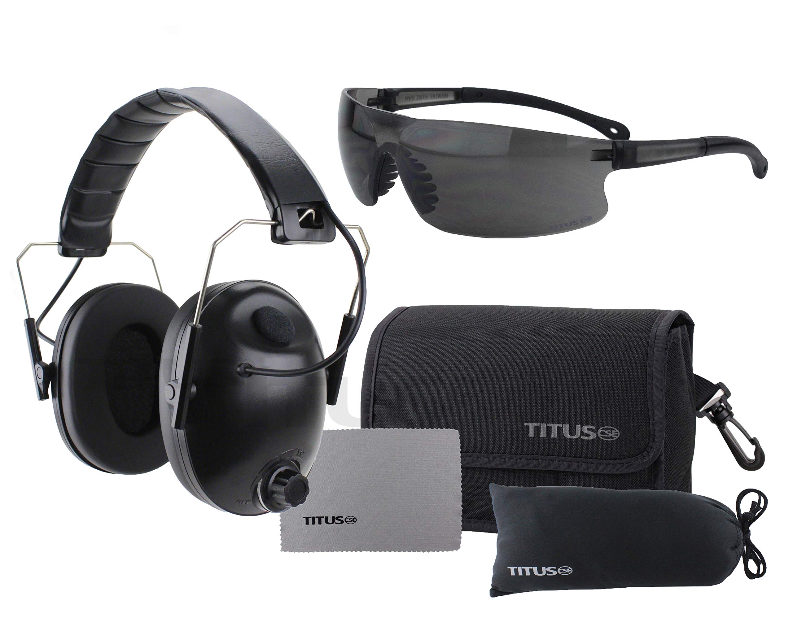 Titus 2 Series - 34 NRR Slim-Line Hearing Protection & G26 Competition Z87.1 Safety Glasses Combos (Olive, Smoke)