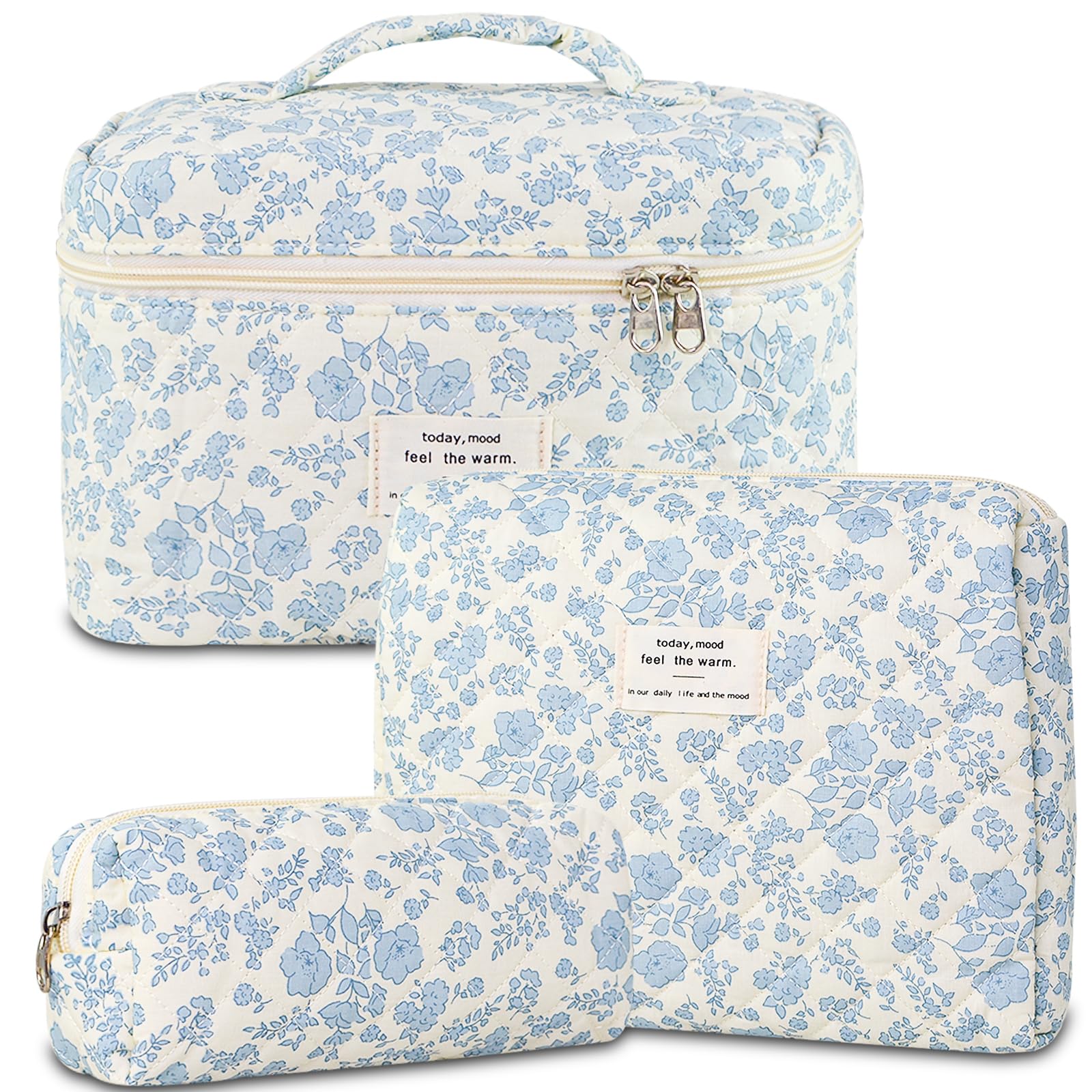 YRWE 3Pcs Quilted Makeup Bag Set, Cute Floral Cotton Cosmetic Bag, Coquette Bow Make up Bag Large Travel Toiletry Bag