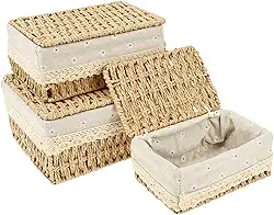 3 cestas retangulares de tecido de corda de papel, cestas de armazenamento de vime com tampas e forro, cesta de papel higiênico de vime estável, caixas decorativas multifuncionais para prateleiras