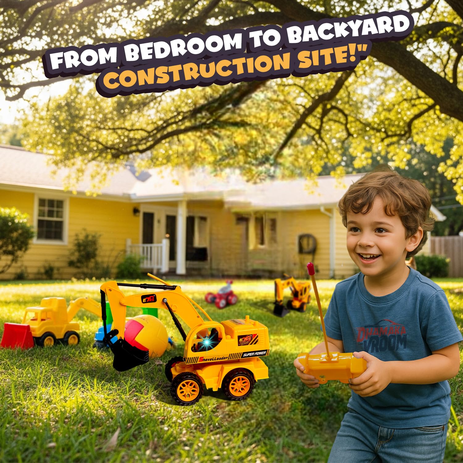 DHAMAKA VROOM Remote Control JCB Digger Toy – USB Rechargeable Excavator Construction Vehicle with 4-Way RC Car, Flashing Lights, Realistic Sound, Moving Shovel Arm for Kids (Model 8037, Yellow) 3