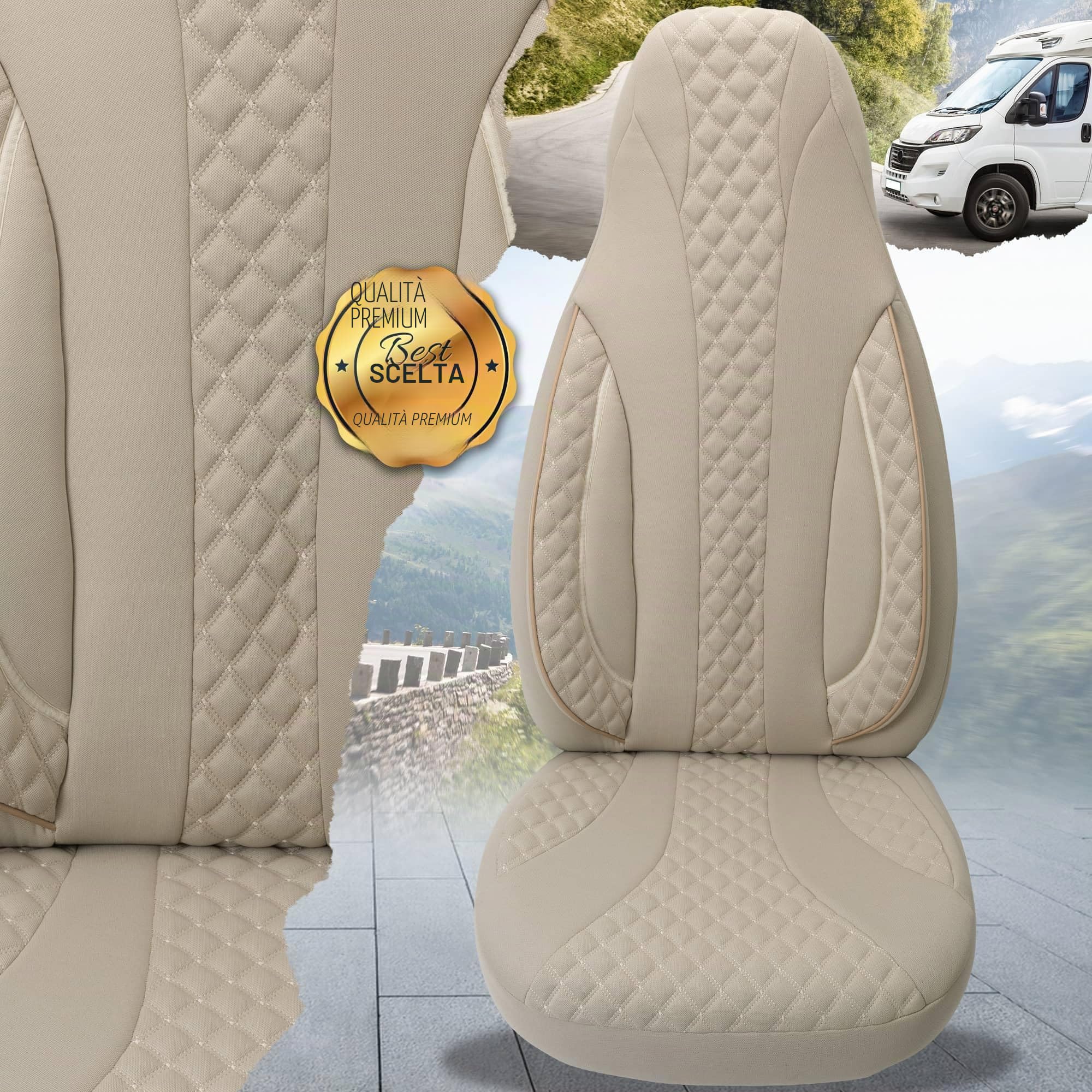 Coprisedili per pilota e passeggero compatibili con camper Fiat Ducato, Pössl, Knaus, Adria, Carthago, Pilote Laika WPL405 Beige