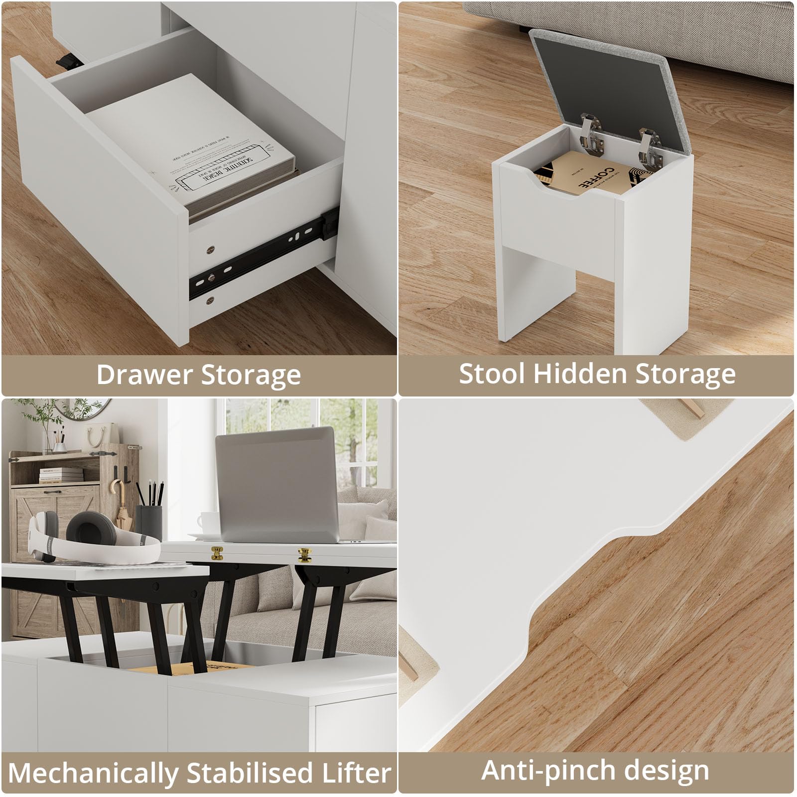 VOWNER Mesa de Centro Elevable Extensible (Blanco) | Multifuncional 3 en 1 con Cajón & 4 Taburetes para Comedor