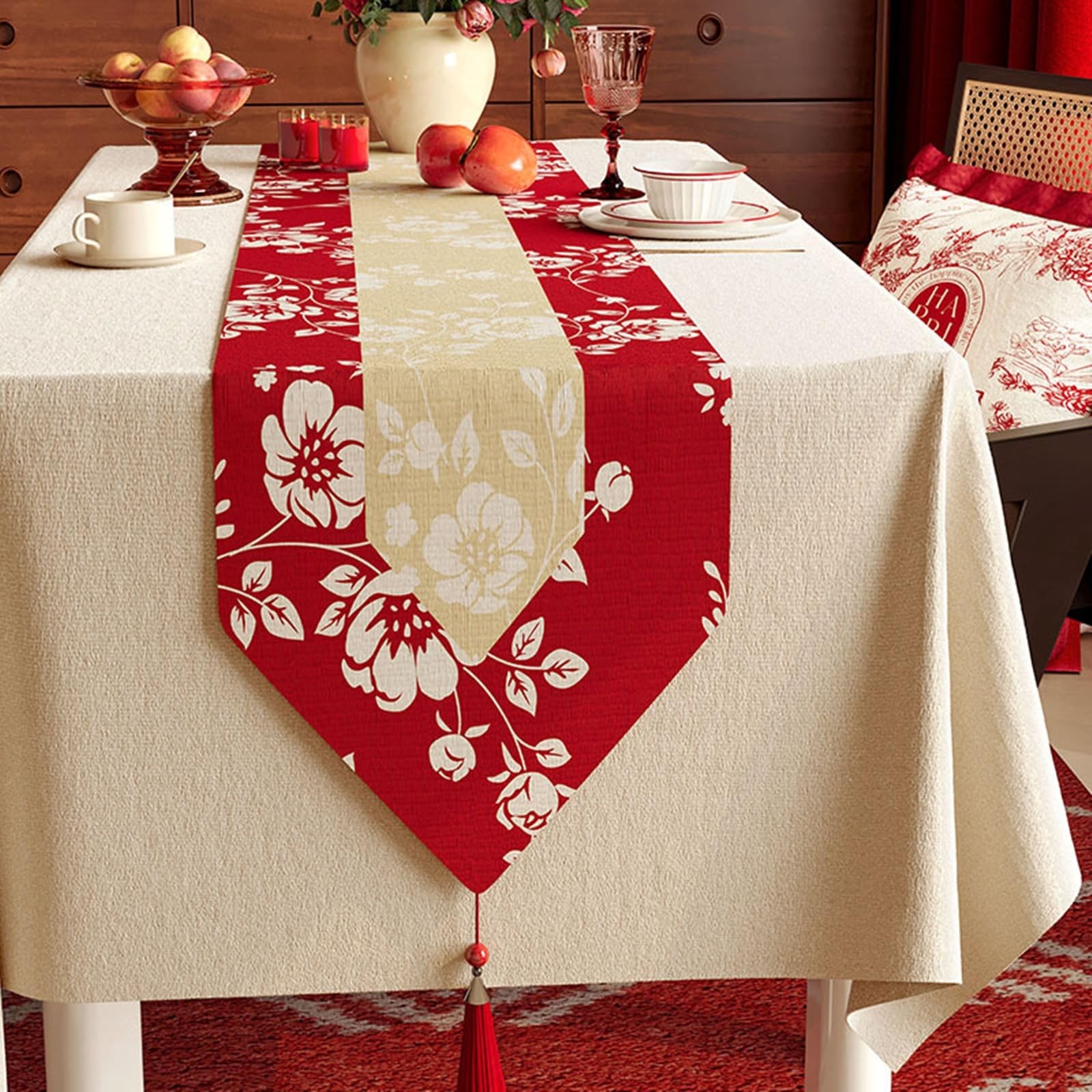 Tischläufer Hochzeit Polyester, Tischläufer Wohnzimmer 30x220 cm, Orientalisch Blumen- und Zweigmuster mit Quasten