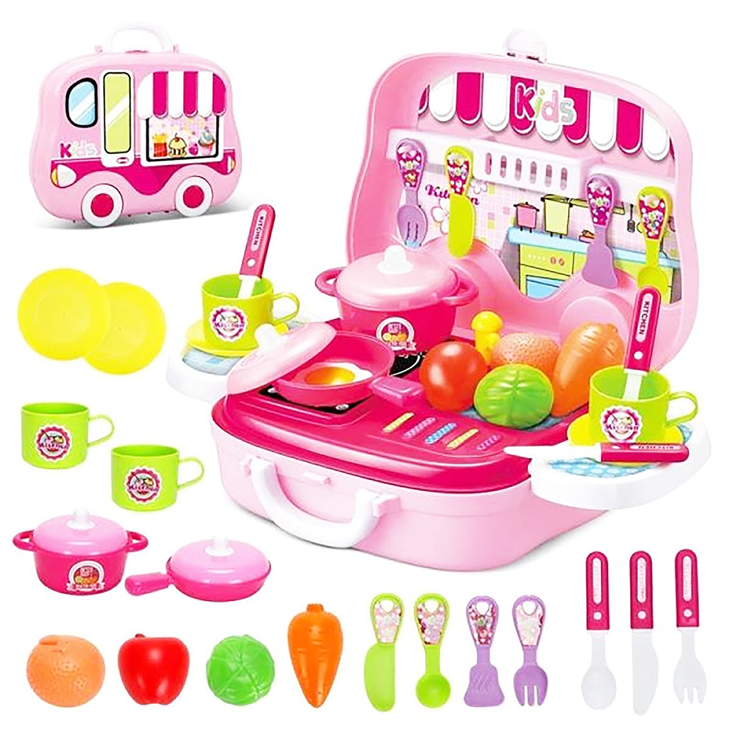 Pretend Play Carry Along Kitchen Set Toy Food for Kids, Little Chef Kitchen Set for Kids in Chef Carry case - Role Play Fun Toys for Girls & Boys – Multicolor (Happy Chef)