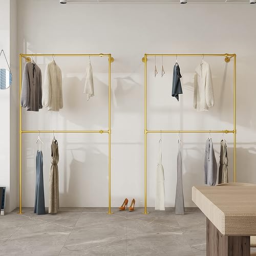 Miniatura 31 de Percheros de ropa de tubería industrial con estantes, perchero montado en la pared para barras colgantes, estantes de ropa negros resistentes