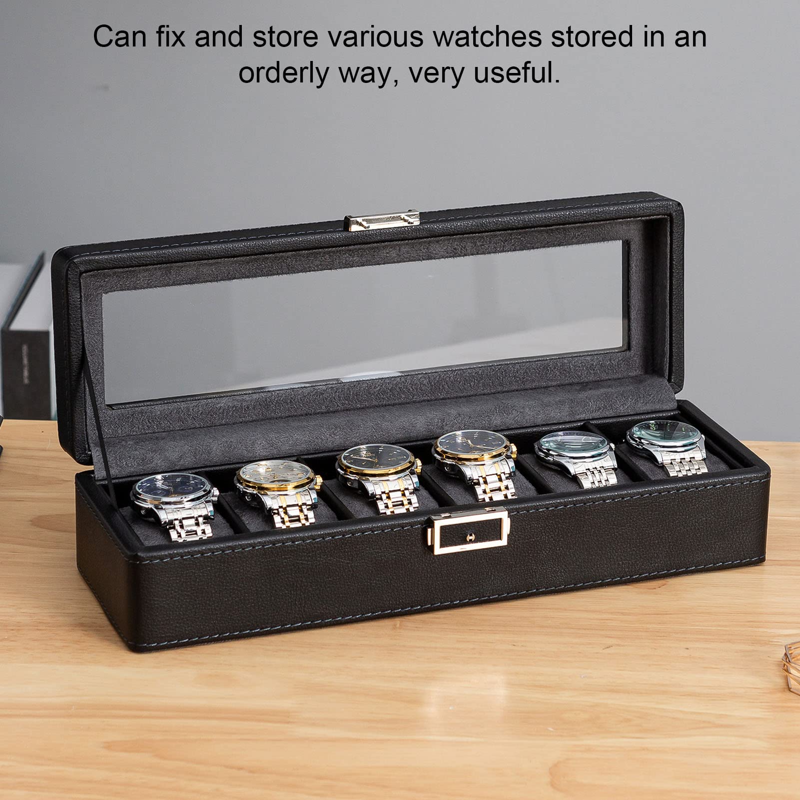 Uhrenbox mit 6 Fächern und Glasdeckel, einlagiges Schmuckaufbewahrungsgehäuse für Uhren, transparente Display-Box mit PU-Leder-Oberfläche für Wohndekor und Reisen