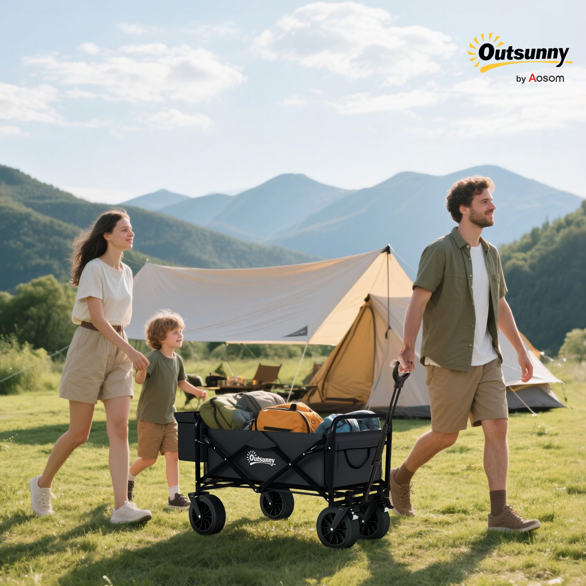 Outsunny Chariot de plage pliant avec grandes roues, extérieur, Noir | Sac isotherme amovible, longueur et angle de poignée réglables, sac de transport, 100 kg de charge, courses, jardin