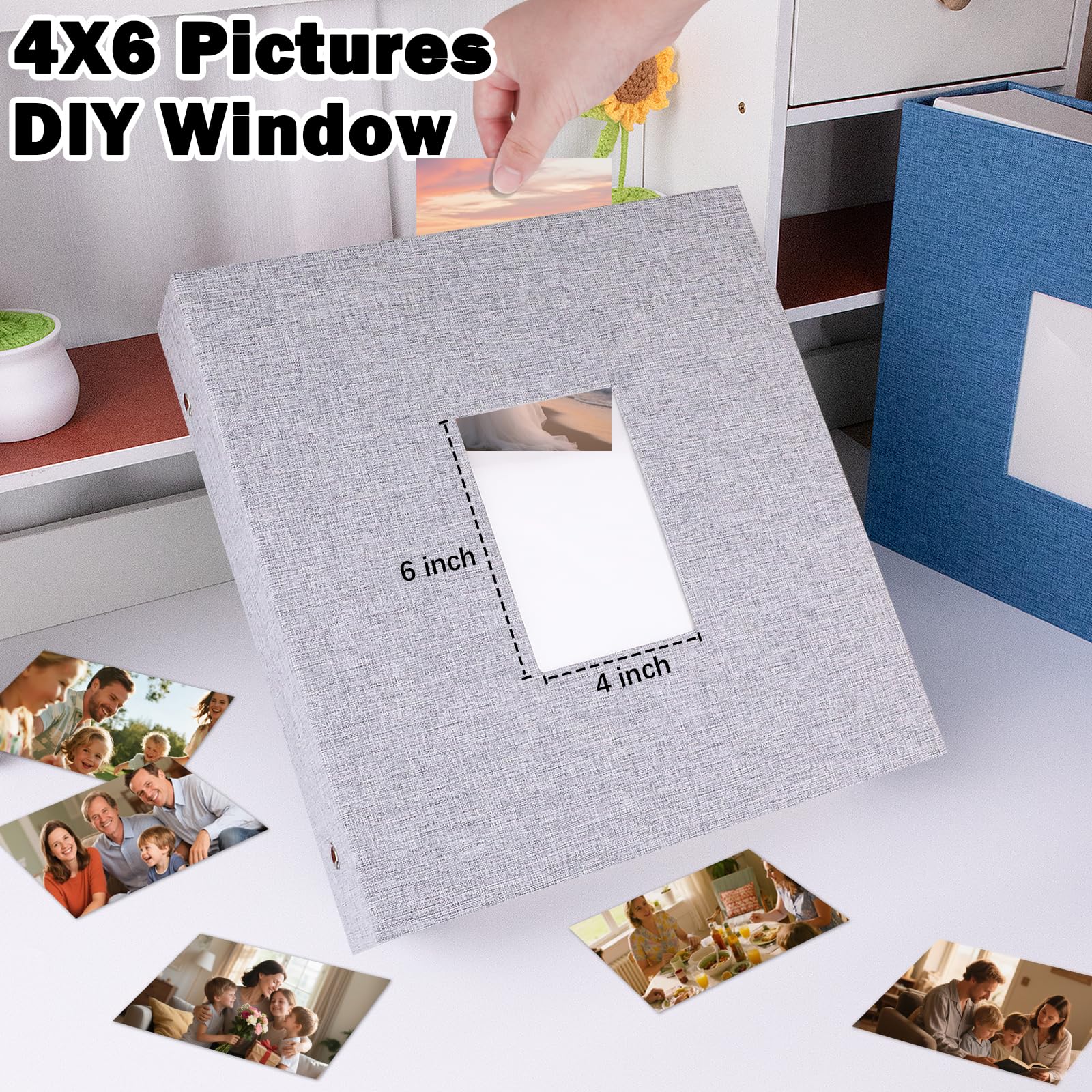 Wielki Album Fotograficzny 10x15 cm (4x6) - 1000 Kieszonek, Okładka z Lnu, Okienko na Przedzie, Album Rodzinny na Pamiątki, Śluby i Wakacje (Szary)