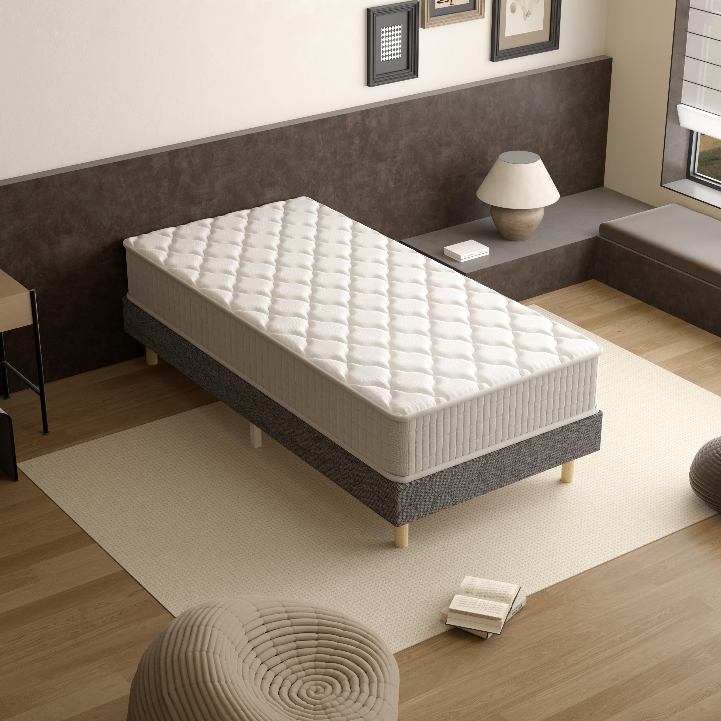 TEENO Ensemble Sommier et Matelas 90x190 cm, Lit Une Personne Complet avec Sommier Tapissier et Matelas Memoire de Forme, Confort, Respirant, sans Perturbation (90x190x25+Sommier Gris)