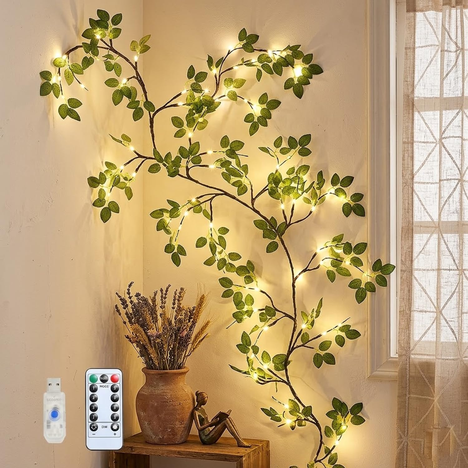 Gresoinc 230cm 144LED Leaves Tree Twig Lights for Wall, USB Powered 8 Modes Warm White Fairy Light with Remote Timer Dimmable Flexible Willow Vine Leaf Bedroom Home Spring Décor