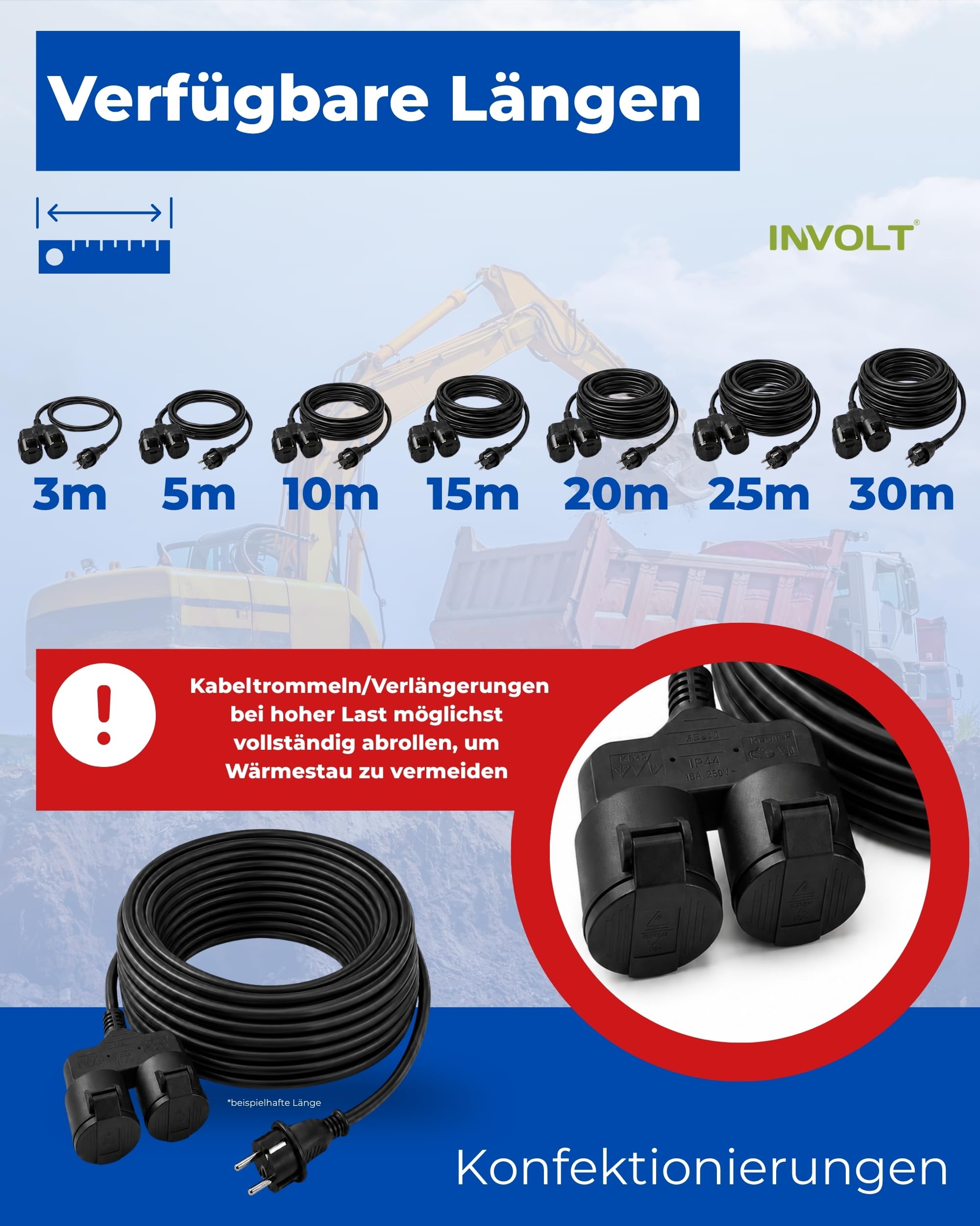 INVOLT 30m Verlängerungskabel mit 2 Schuko Steckdosen Außenbereich, IP44 H05RR-F 3G 1,5mm² schwarz Gummileitung für Garten Baustelle Werkstatt | Flexibel, Robust, IP44, Gummileitung für Garten Baustelle Werkstatt