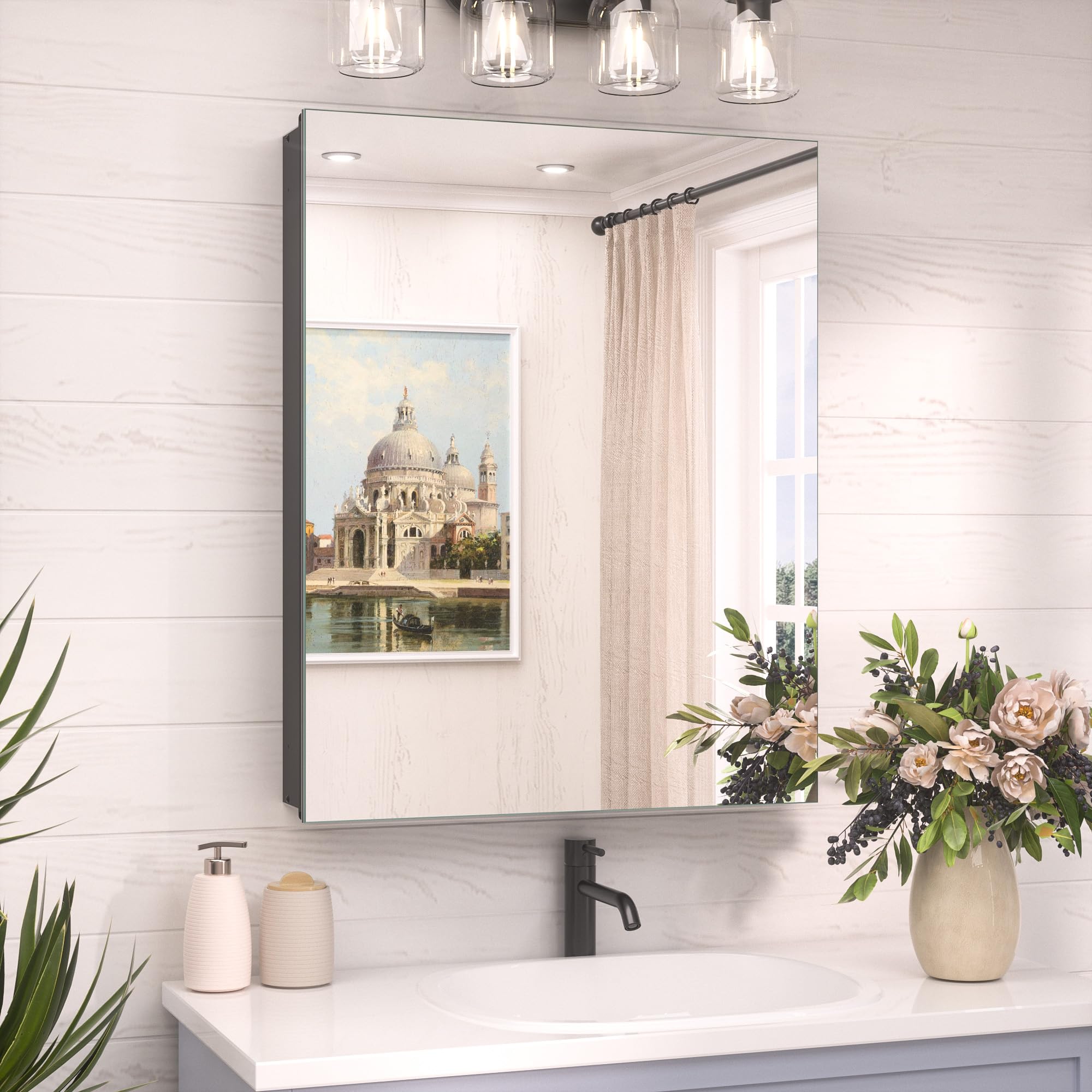 TokeShimi 20 x 26 Recessed Medicine Cabinet Mirror Black Tempered, Aluminum Surface Mount Medicine Cabinet Mirror with Storage with Stepless Adjustable Shelves for Bathroom Modern Farmhouse