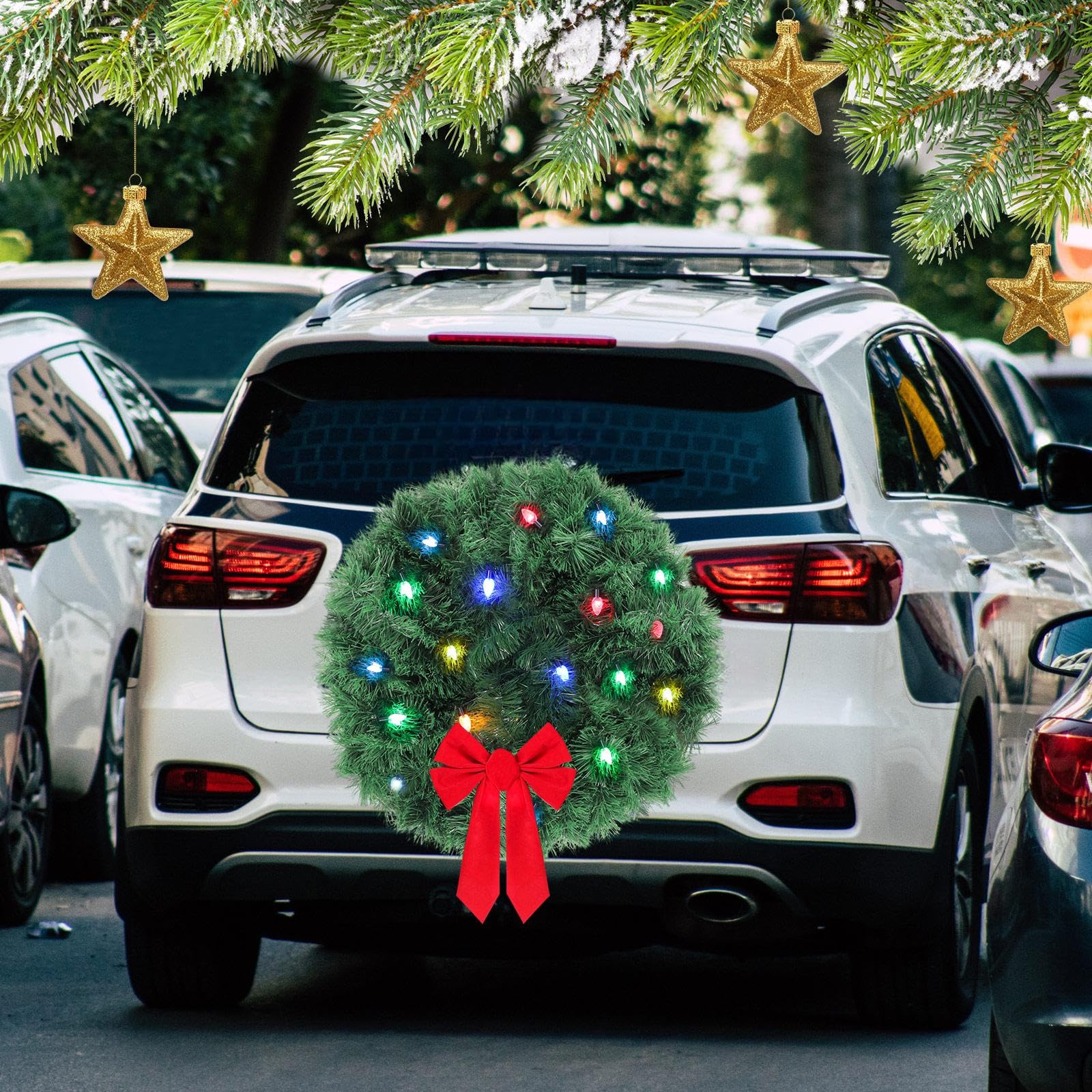Grande couronne de Noël à LED pour voiture - Couronne de Noël artificielle pour grille avant de voiture - Couronne de Noël lumineuse avec nœud rouge - Décorations de Noël pour camion compatible